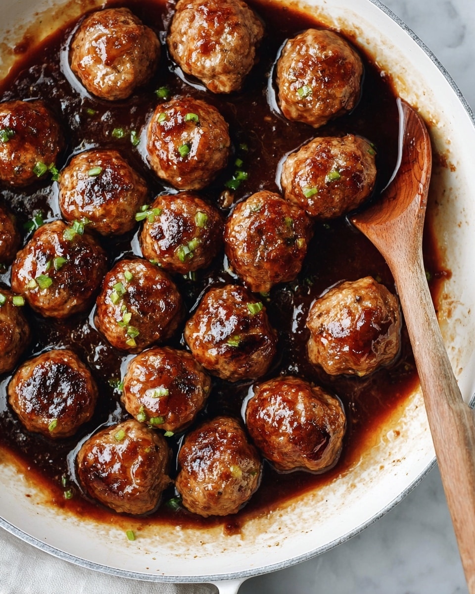 A white pan filled with about eighteen brown meatballs covered in a shiny, dark brown sauce. The meatballs look soft with little green bits inside, and some have slightly darker, crispy spots on top. The sauce pools around the meatballs, giving a wet and glossy look. A wooden spoon rests inside the pan on the right side. The pan sits on a white marbled surface. photo taken with an iphone --ar 4:5 --v 7