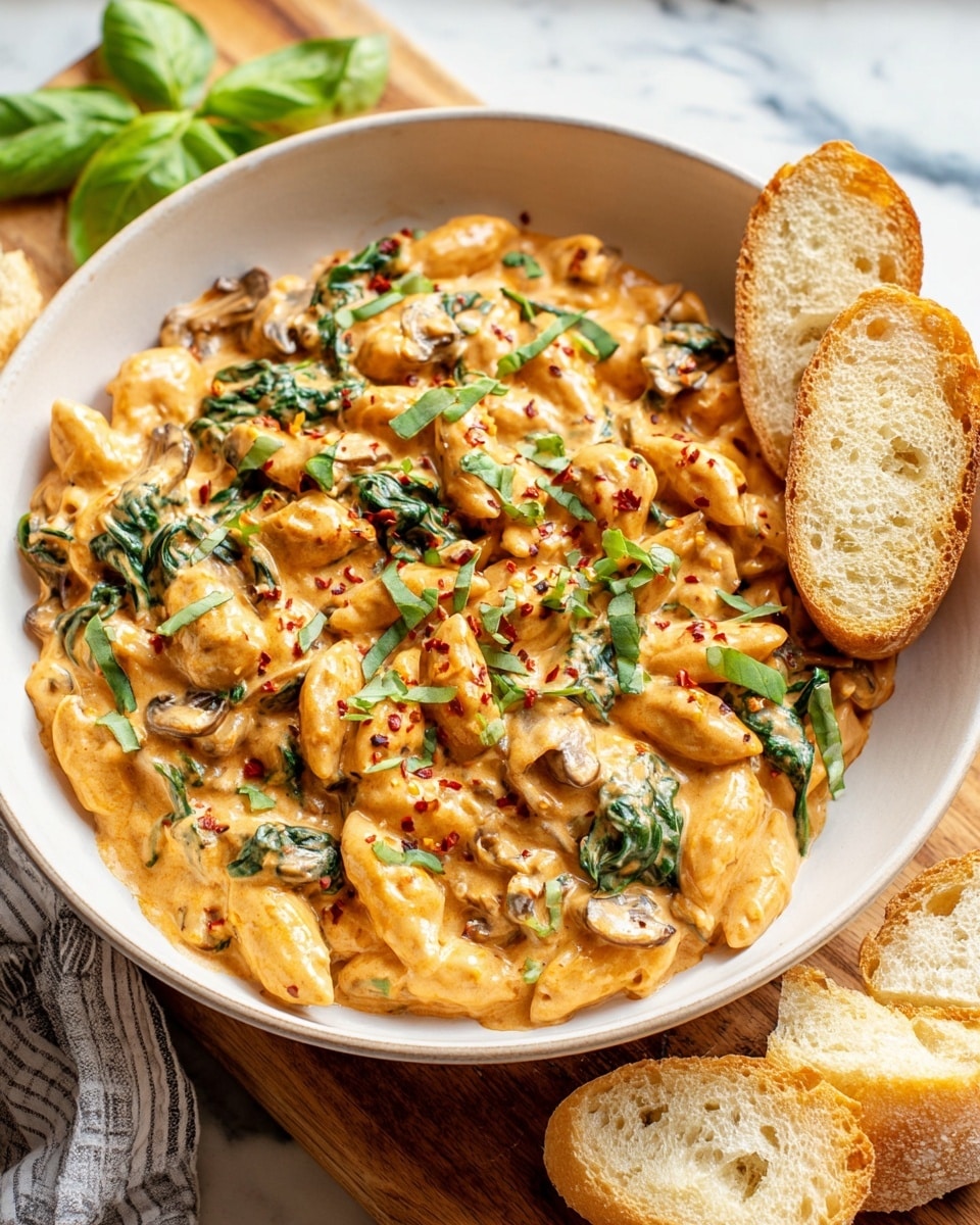 A white bowl filled with creamy orange pasta mixed with pieces of mushrooms and wilted green spinach leaves, topped with fresh chopped basil and small red chili flakes scattered across the surface. The pasta is soft and has a thick, smooth texture with sauce coating each piece. Two slices of toasted light brown baguette lean on the side inside the bowl. The bowl is placed on a wooden board with some fresh basil leaves and more bread slices around it, all on a white marbled surface. photo taken with an iphone --ar 4:5 --v 7