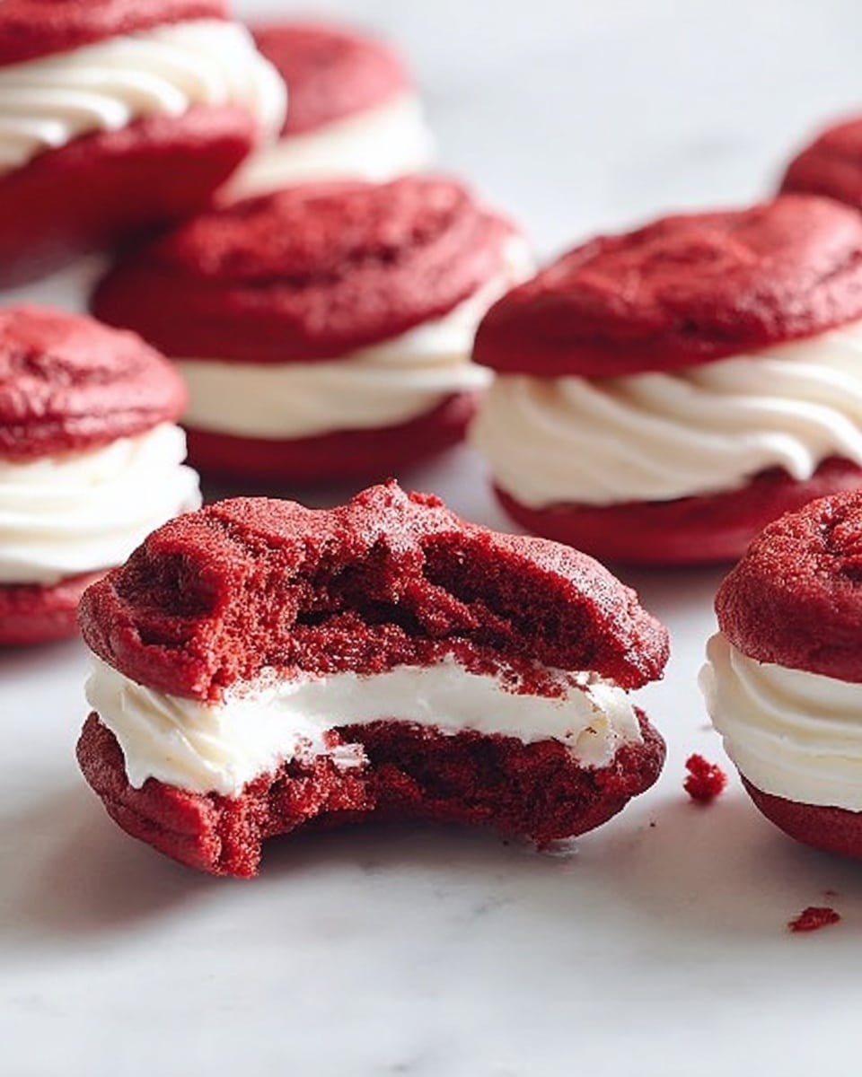 The image shows several red velvet whoopie pies resting on a white marbled surface, each with two thick, soft, and slightly rough-textured deep red cake layers sandwiching a smooth, white cream layer in the middle. The center whoopie pie is broken in half, revealing the thick white cream clearly inside, while the others are whole with swirled tops. The red layers have a rich, velvety color and appear moist and dense, with some crumb texture visible. Photo taken with an iphone --ar 4:5 --v 7