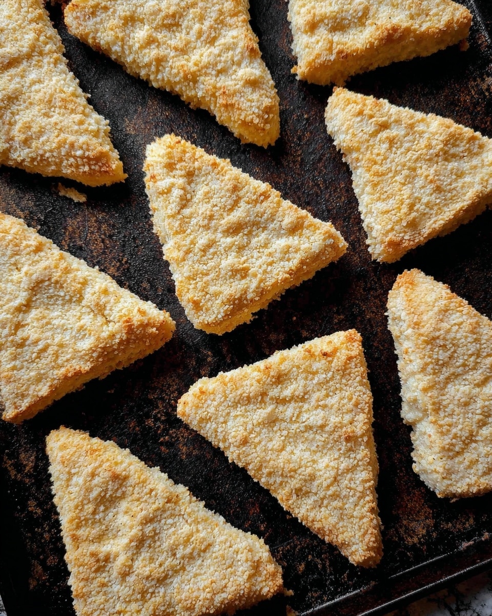 The image shows several triangular pieces of breaded food arranged closely on a dark, used baking tray with a rough texture. Each piece has a light beige, crumbly coating with a slightly uneven surface, giving a grainy look. The triangles vary a little in size and shape, closely packed in rows with small gaps between them. The background surface is a white marbled texture that contrasts with the dark tray. Photo taken with an iphone --ar 4:5 --v 7