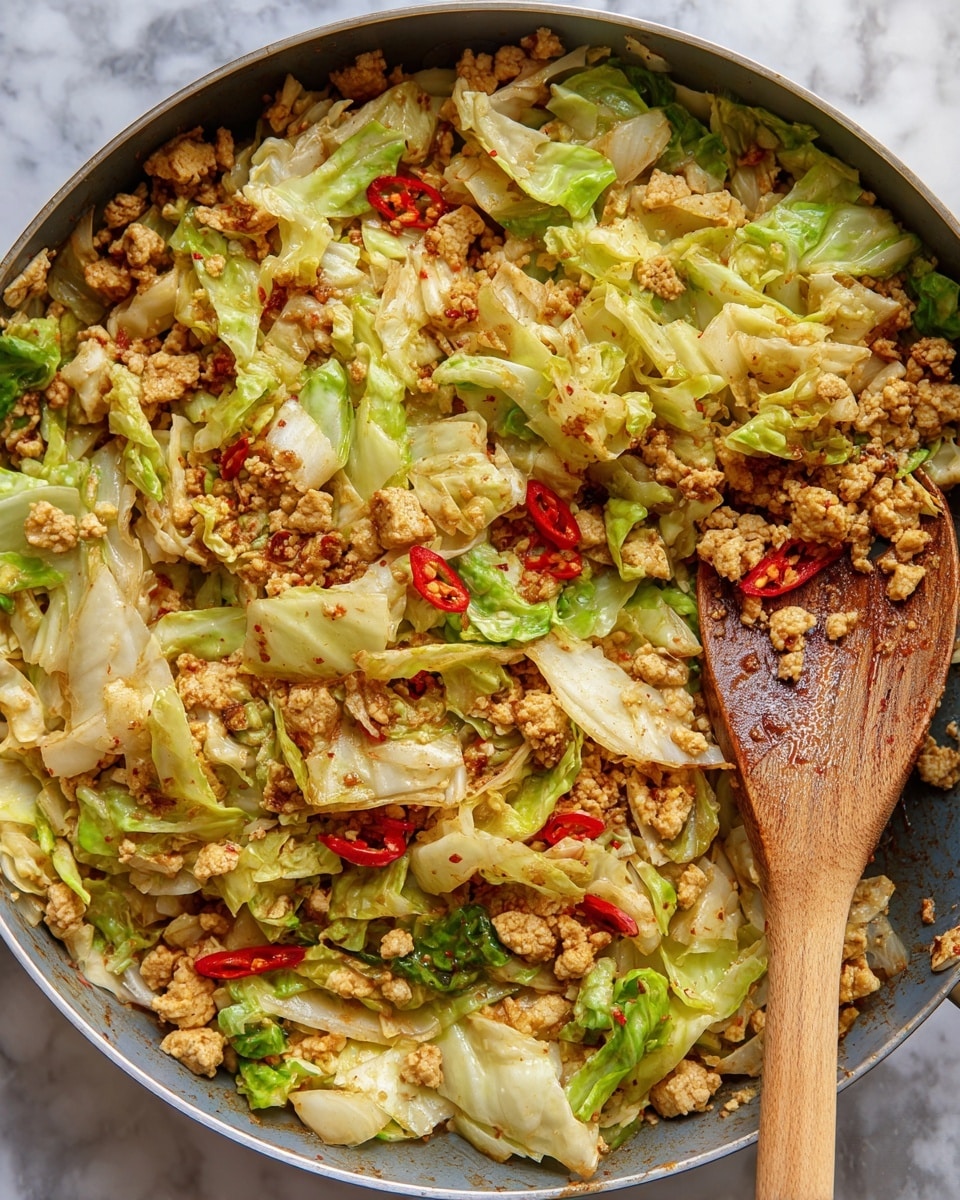 The image shows a close-up of a cooked dish in a pan with a wooden spoon resting inside. The dish is made of multiple layers including light green cabbage pieces, small crumbled beige tofu or textured protein, and thin slices of red chili scattered throughout. The texture of the cabbage looks soft but slightly crisp, and the crumbled protein has a light brown seasoning on it. The wooden spoon has some remnants of sauce or seasoning on it. The pan is placed on a white marbled surface. photo taken with an iphone --ar 4:5 --v 7