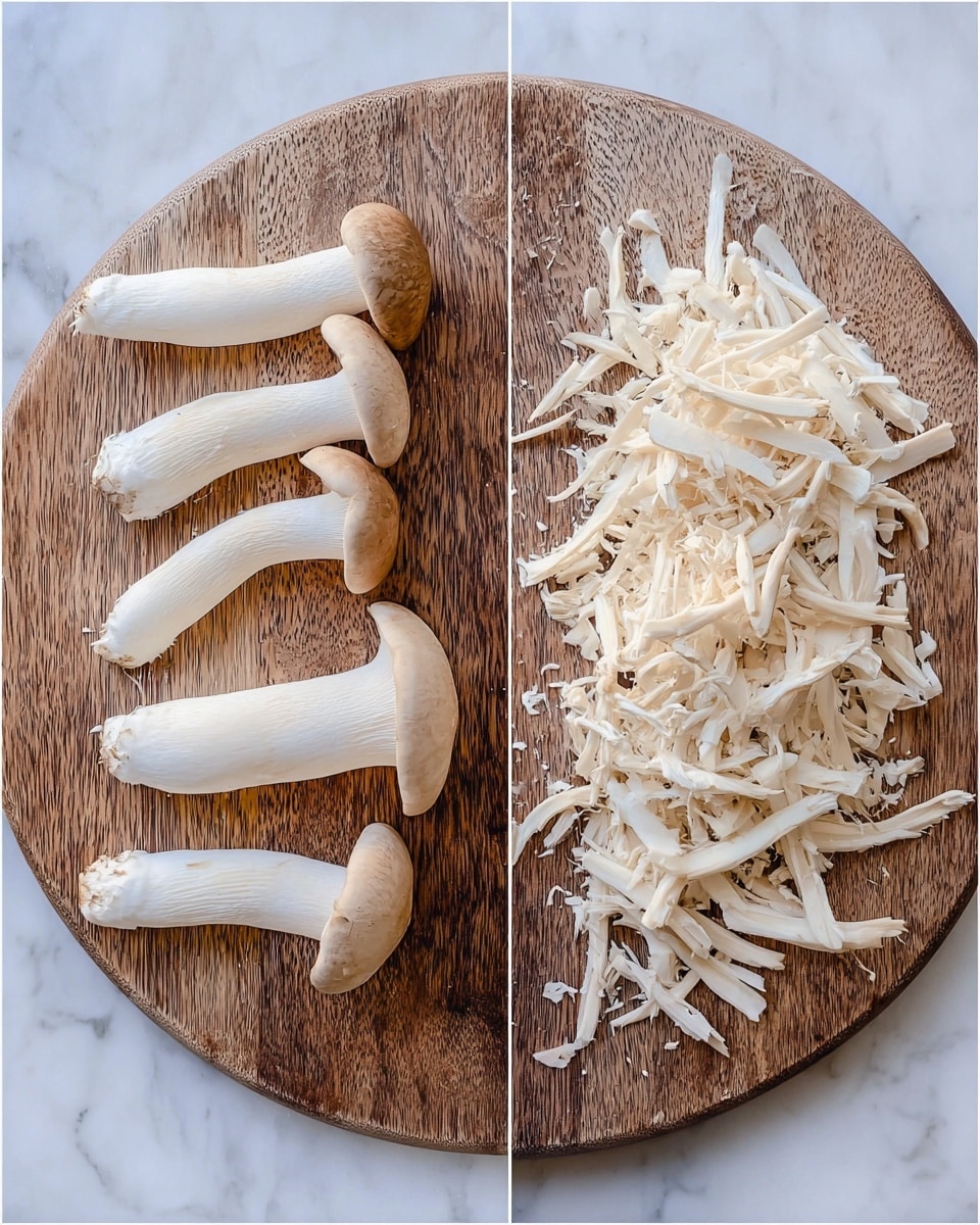 The image is split into two parts, each showing a round wooden board on a white marbled background. The left side has five whole king oyster mushrooms arranged with their beige caps and thick white stems facing different directions, showing smooth and firm textures. On the right side, the same type of mushrooms are shredded into thin, long, white pieces with some light beige parts scattered loosely across the wooden board, displaying a fibrous texture. Both boards are centered in the frame with even lighting. Photo taken with an iphone --ar 4:5 --v 7