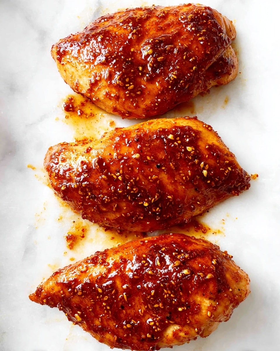 The image shows three large, cooked chicken pieces placed side by side on a white marbled surface. Each piece is covered with a shiny, reddish-brown sauce with visible spices and small bits giving a textured look. The sauce glistens under the light, with some pooling around the edges of the chicken and slight smudges of sauce on the surface. The chicken pieces appear tender and moist with a well-coated layer of seasoning spread evenly on top. Photo taken with an iphone --ar 4:5 --v 7
