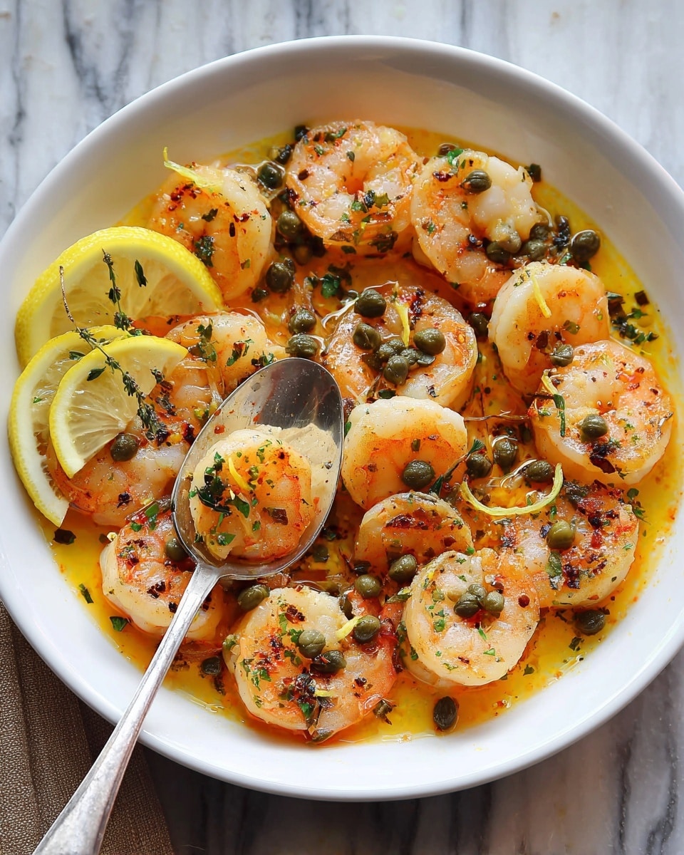 A white bowl filled with cooked shrimp arranged in a single layer, each shrimp showing a light golden sear with small dark grill marks. The shrimp rest in a yellow-orange sauce with a smooth texture that partially covers the base of the bowl. Scattered over the shrimp are small green capers and finely chopped dark green herbs, with thin yellow lemon zest pieces placed evenly among them. Two lemon wedges, pale yellow and fresh, sit near the edge. A silver spoon with a shiny surface is scooping up a couple of shrimp and capers from the bowl. The bowl is placed on a white marbled surface. photo taken with an iphone --ar 4:5 --v 7
