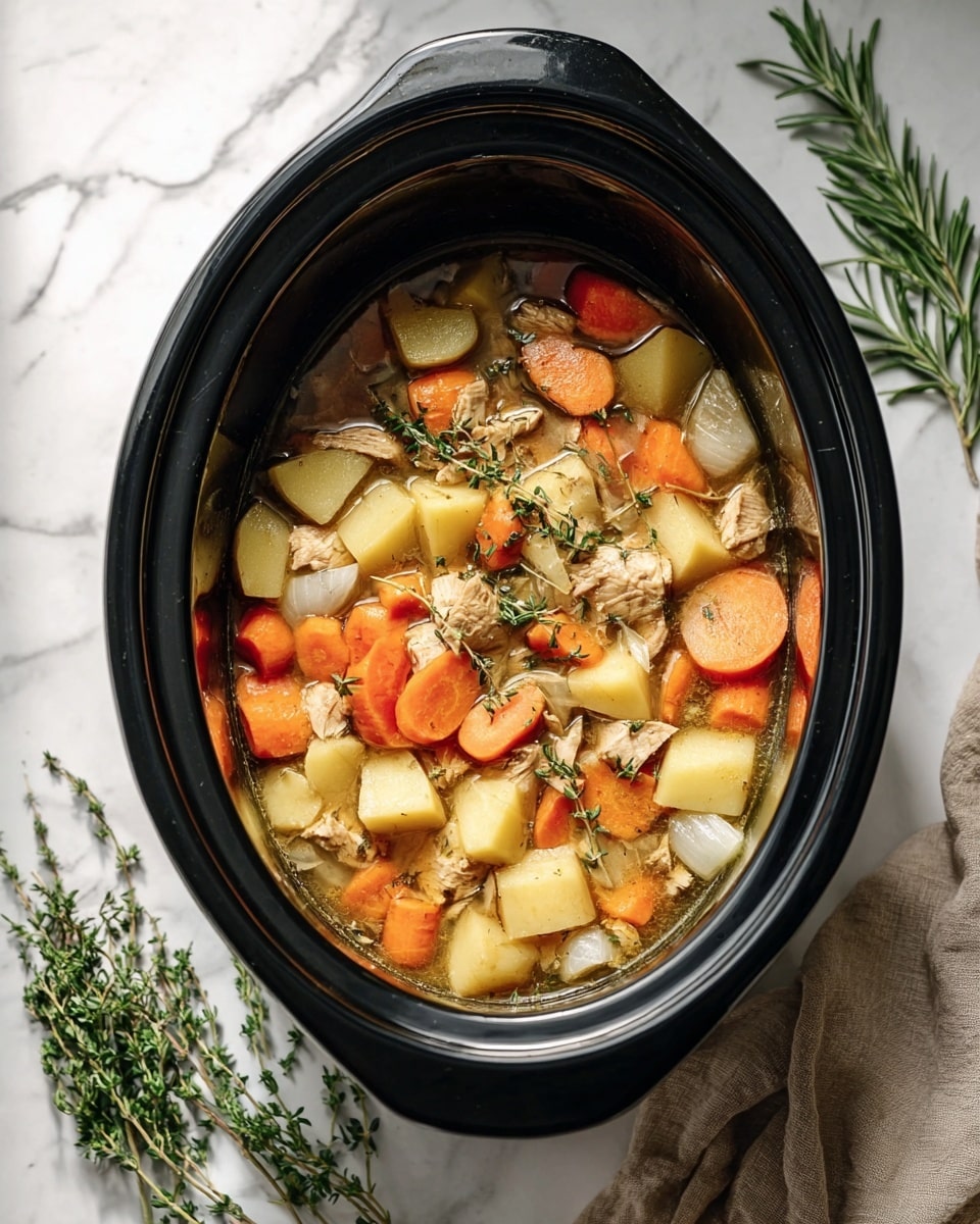 The image shows a black slow cooker filled with a colorful stew. The stew has layers of diced light brown chicken pieces, small yellow potato cubes, thick slices of bright orange carrots, and chunks of white onion. These ingredients float in a light brown broth with herbs sprinkled throughout. Around the slow cooker, there are fresh green rosemary and thyme sprigs placed on a white marbled surface. A beige cloth is partially visible near the bottom right corner. The photo has natural light and a clean, simple look. photo taken with an iphone --ar 4:5 --v 7
