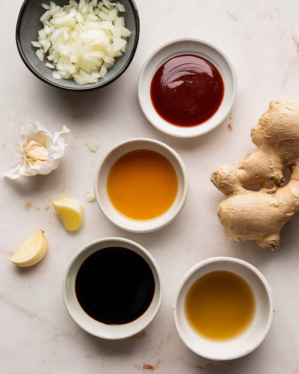 The image shows a top view of various ingredients arranged on a white marbled surface. There are six small white bowls placed in loose circular formation; one with a dark red thick sauce, another with honey-colored liquid, one with dark soy sauce, one bowl empty, and one with a golden liquid. Off to the side, there is a small cluster of peeled garlic cloves and a whole bulb of garlic, plus a large piece of fresh ginger root positioned near the bottom left. To the left, there is a black bowl with finely chopped onions. The overall composition is clean and bright, with soft natural lighting highlighting the textures and colors of the ingredients photo taken with an iphone --ar 4:5 --v 7