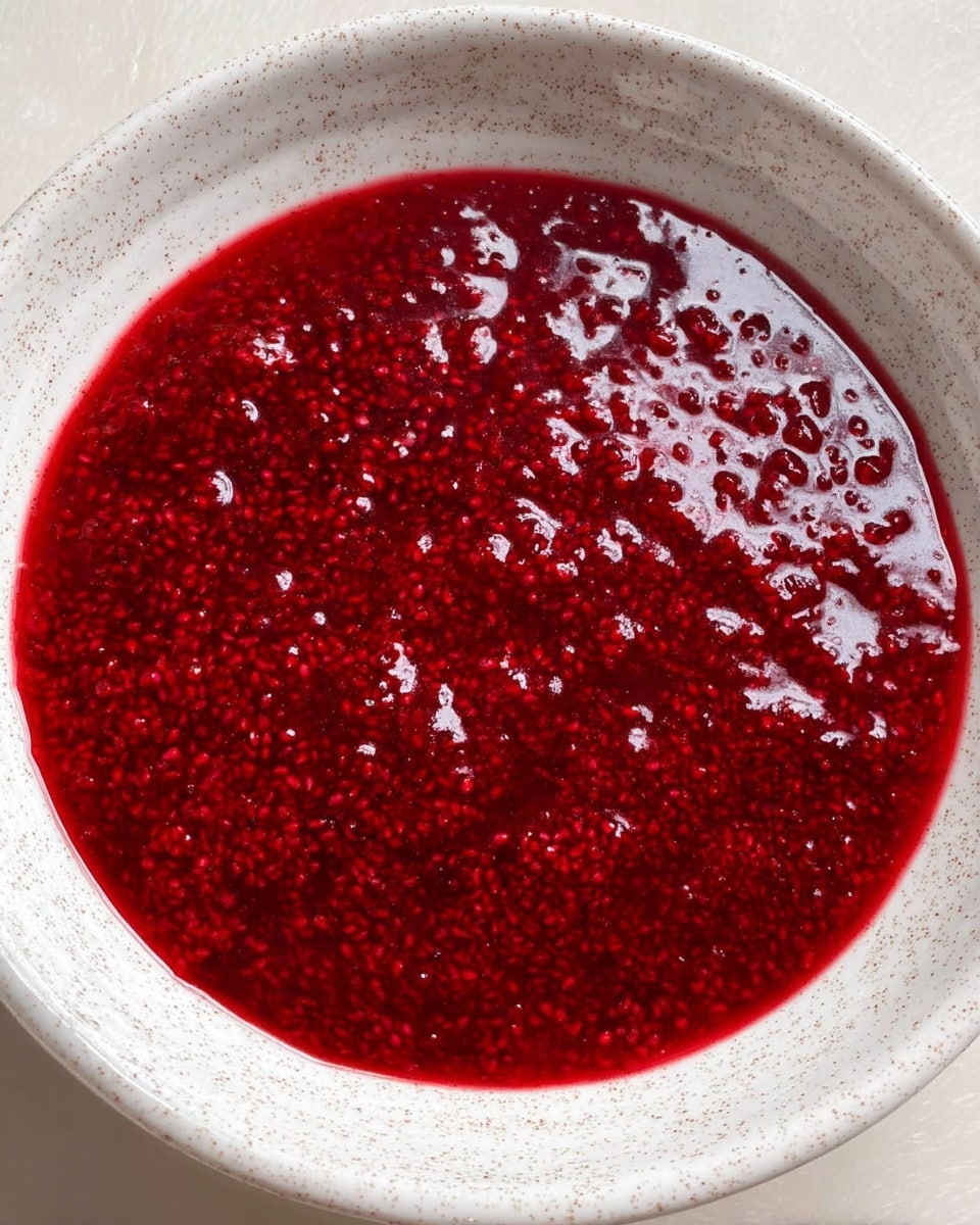 A close-up view of a single layer of thick, bright red raspberry sauce with visible seeds, spread evenly inside a white speckled bowl. The sauce has a glossy, slightly wet texture that covers the entire inner surface of the bowl. The bowl sits on a neutral light surface with no additional items in the frame. photo taken with an iphone --ar 4:5 --v 7