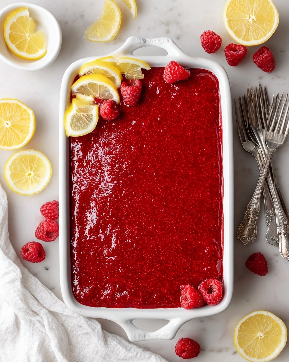 A rectangular white ceramic dish filled with a thick, glossy bright red raspberry layer spread evenly across the top. The raspberry layer has a slightly textured surface with seeds visible. On the top left corner of the dish, there are thin slices of lemon and fresh whole raspberries scattered around the edges. Additional fresh raspberries and lemon slices are arranged around the dish on the white marbled surface. Two silver forks are placed to the right side of the dish, and a white cloth is visible on the lower left. A small white bowl with a lemon slice and a raspberry is in the top left corner. The photo taken with an iphone --ar 4:5 --v 7