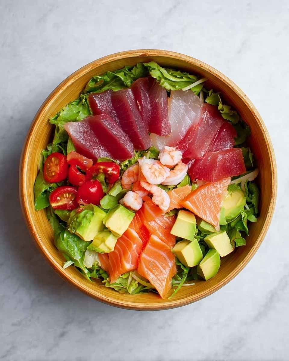 A round bowl with light wooden texture holds a fresh salad. The bottom layer is bright green mixed leafy lettuce spread evenly. On top, arranged in a circle, are colorful pieces of raw fish: dark pink tuna slices, light pink to white slices of another fish, and orange salmon slices. Among the fish, small bright red cherry tomatoes and tiny pink shrimp sit neatly. There are small cubes of pale green avocado scattered throughout. The bowl is set on a surface with a white marbled texture. photo taken with an iphone --ar 4:5 --v 7