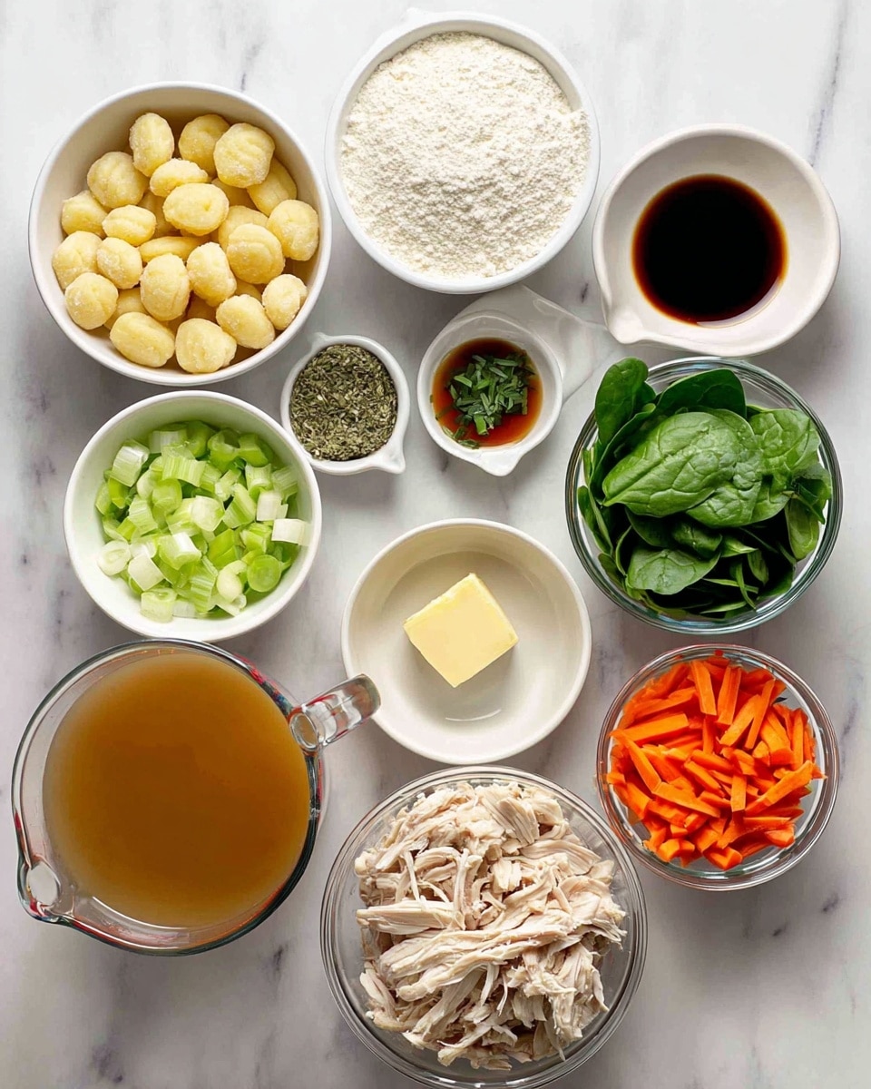 The image shows various ingredients in white bowls and clear measuring cups, all placed on a white marbled surface. There are ten containers: the top left has small, pale yellow gnocchi with round ridges; next is a bowl of white flour; a small bowl with dark brown soy sauce; a small bowl with dried green herbs; a bowl with minced garlic; a green celery bowl filled with chopped celery; a bowl with chopped white onions; a small bowl holding a square of yellow butter; a large clear measuring cup filled with light brown broth; a bowl of shredded light cooked chicken; a bowl of thin orange carrot sticks; and a bowl of fresh dark green spinach leaves. The bowls and cups are neat and their colors and textures contrast against the marbled background. Photo taken with an iphone --ar 4:5 --v 7