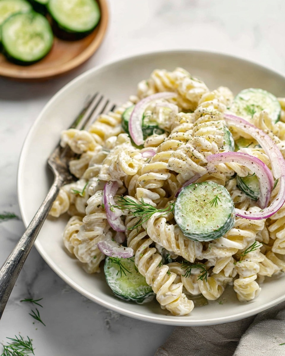 A close-up view of a white bowl filled with creamy pasta salad made of pale yellow spiral pasta mixed with light green cucumber slices and thin rings of light purple onion. The pasta is coated in a smooth white sauce sprinkled with small green dill leaves and a few spots of black pepper. A silver fork is placed inside the bowl on the left side. The bowl sits on a white marbled surface with some cucumber slices and a wooden bowl with dill sprigs in the blurred background. photo taken with an iphone --ar 4:5 --v 7