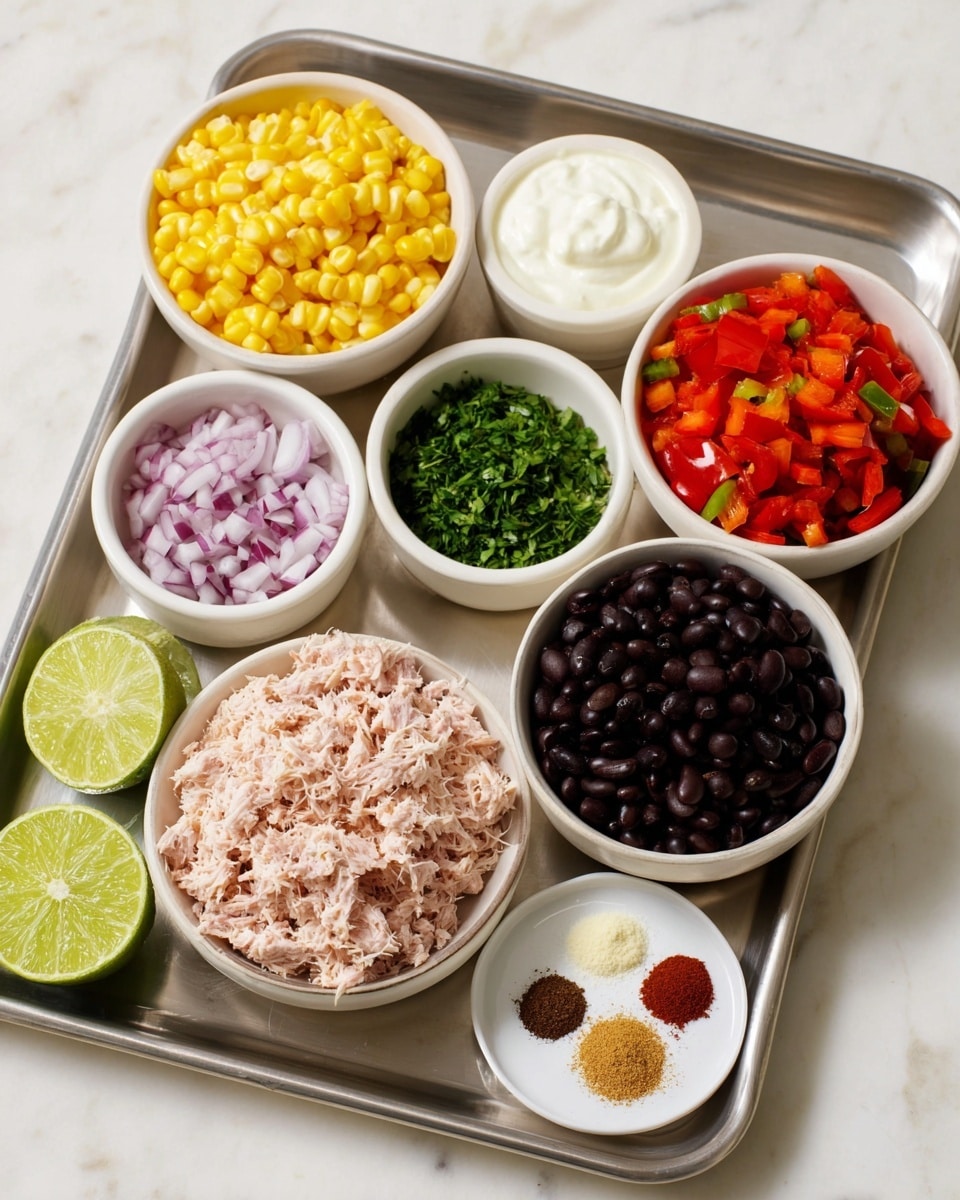 A metal tray with several small white bowls and dishes holding different ingredients is set on a white marbled surface. Starting from the top left, there is a bowl filled with bright yellow corn, next to it on the right is a bowl of red chopped bell peppers. In the center at the top is a bowl containing white sour cream, and to its right is a bowl of finely chopped green herbs. Below the corn, a small bowl of diced purple onions is placed, while next to it is a larger bowl filled with light pink shredded tuna. To the right of the tuna, there is a bowl full of shiny black beans. At the bottom right of the tray is a small white dish with a light beige powder divided into sections by different spices in red, brown, and white colors. Near the bottom left corner are two lime halves with visible green pulp, and just above them is a tiny bowl of creamy mayonnaise. The photo taken with an iphone --ar 4:5 --v 7