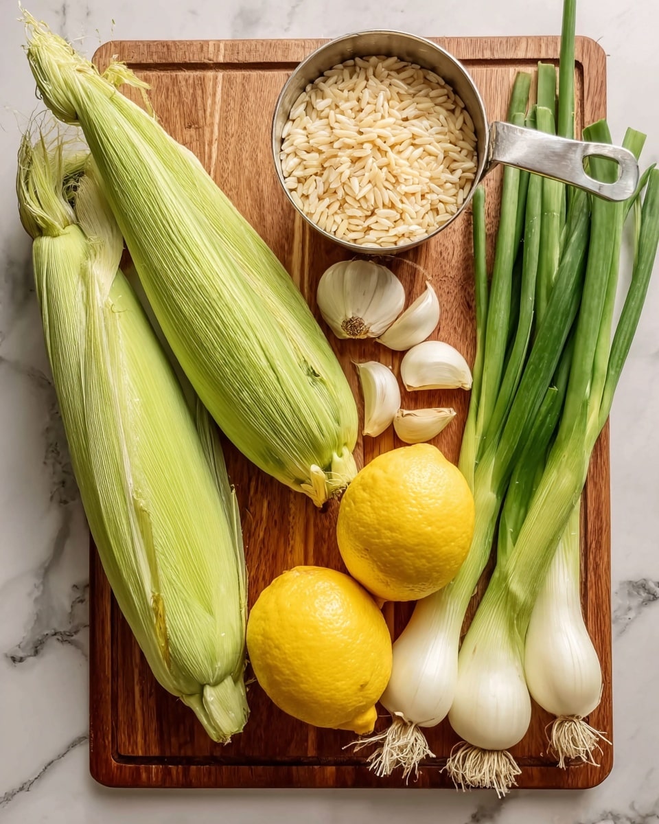 The image shows a wooden cutting board on a white marbled surface holding fresh ingredients. From left to right, there are three corn cobs with green husks still on, a metal measuring cup filled with uncooked orzo pasta placed on top of the wooden board, two bright yellow lemons below the orzo, five whole garlic cloves scattered near the lemons, and a bunch of green onions with white bulbs on the right side. The colors are bright and fresh, with natural textures visible on the corn husks and garlic skin. Photo taken with an iphone --ar 4:5 --v 7
