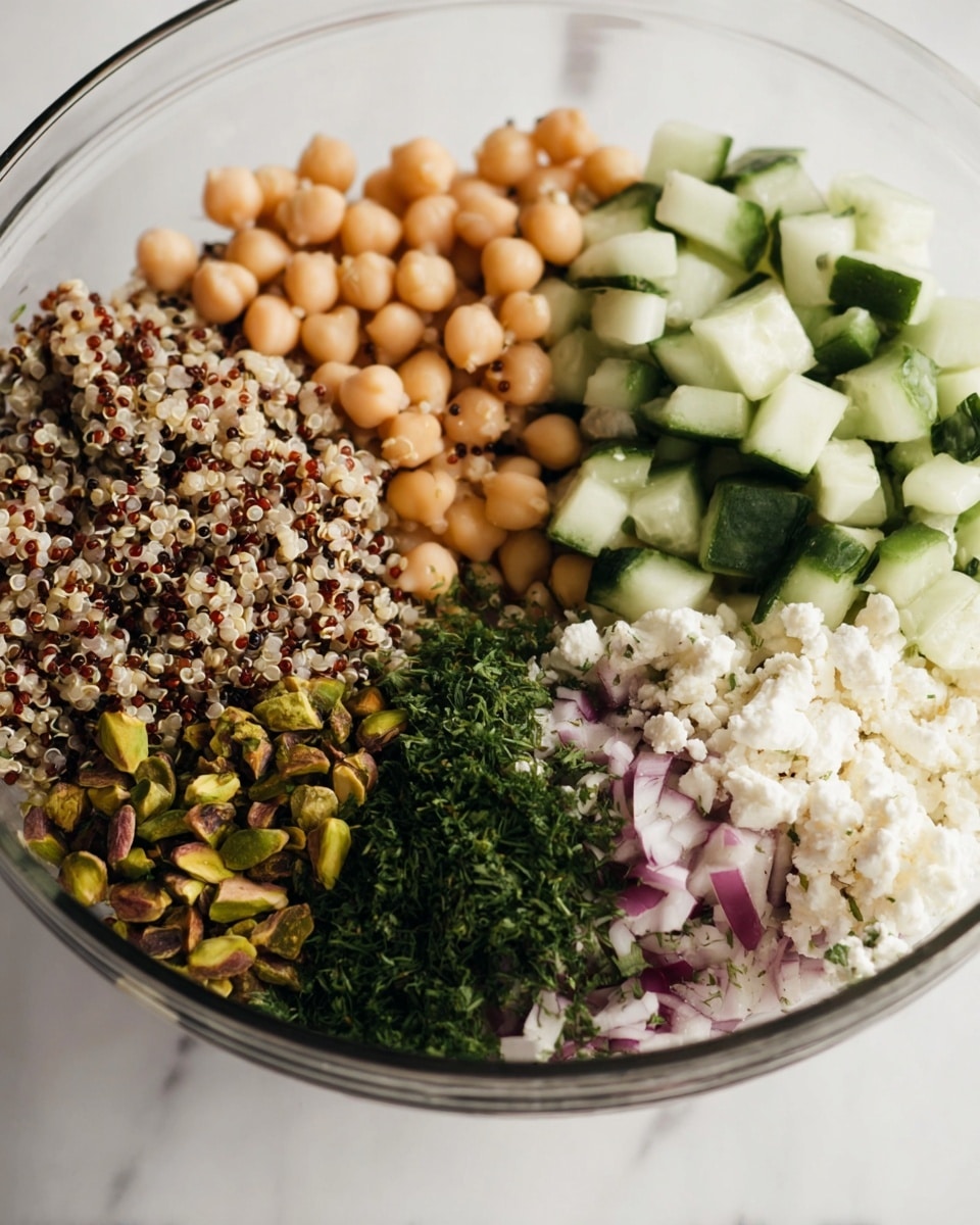 The image shows a clear glass bowl filled with seven layers of food arranged side by side. In the top right corner, there are round, beige chickpeas. Next to the chickpeas, towards the center right, are light green cucumber chunks with dark green edges. The middle of the bowl contains a mix of cooked quinoa that looks white, red, and black with a grainy texture. Below the quinoa in the lower center area are two piles of chopped herbs, one dark green and one light green. To the bottom right beside the herbs, you can see small pieces of red onion with white parts mixed in. At the very bottom left, oddly shaped dark green pistachios are visible. Finally, just right above the pistachios is a white crumbly cheese. The bowl sits on a white marbled surface. photo taken with an iphone --ar 4:5 --v 7
