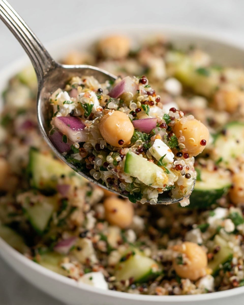 The dish is a colorful quinoa salad served in a white bowl on a white marbled surface. It has three main layers: the bottom layer is a mix of cooked red and white quinoa grains that look soft and small; the middle layer has light beige chickpeas, small green cucumber pieces, and some chopped bright purple onions, all mixed together; the top layer is decorated with green parsley leaves and whole brown pistachio nuts scattered across the salad, adding texture and color contrast. The overall look is fresh and vibrant with a mix of small round, cubed, and leafy shapes. photo taken with an iphone --ar 4:5 --v 7