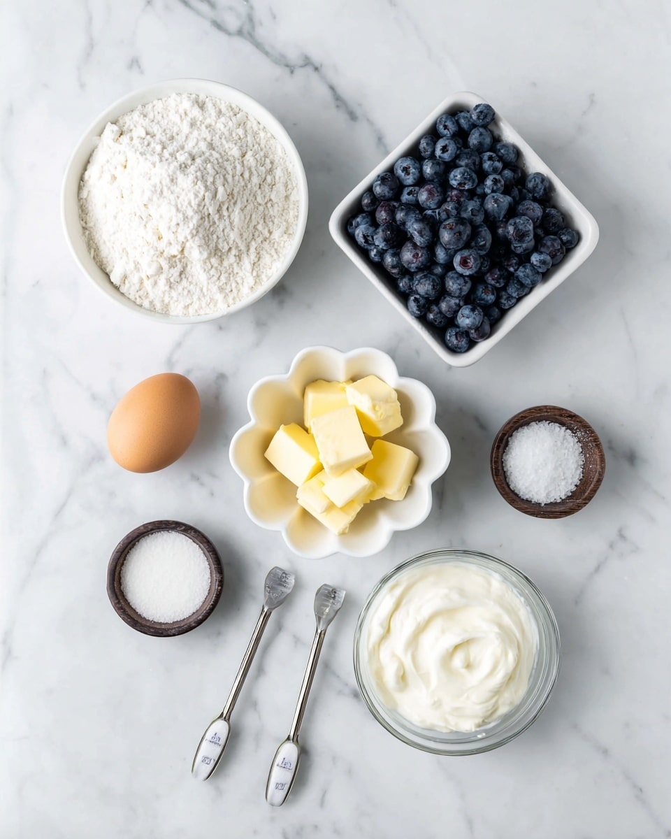 A flat lay image showing seven ingredients on a white marbled surface: at the top center, a white square bowl filled with fresh dark blue blueberries; below to the left, a small round bowl with white flour; next to it, a single brown egg; below at the center, a white scalloped bowl with small cubes of yellow butter; just above that, two measuring spoons with white sugar; to the right, a clear scalloped bowl of white creamy yogurt; and finally, a small dark wooden bowl with white salt. The arrangement is neat and spaced out. Photo taken with an iphone --ar 4:5 --v 7