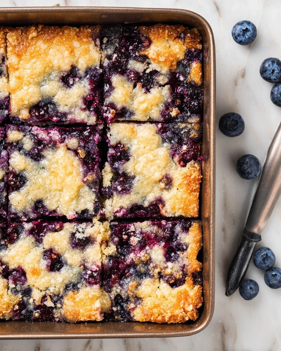 A square pan holds a baked dessert cut into four large square pieces. The top layer has a golden brown color mixed with a deep purple blueberry filling, creating a marbled look with rough, crumbly texture in some spots and bubbly, glossy patches where the berry juice has cooked. The pan sits on a white marbled surface with a few fresh blueberries placed around it, adding a fresh touch. photo taken with an iphone --ar 4:5 --v 7