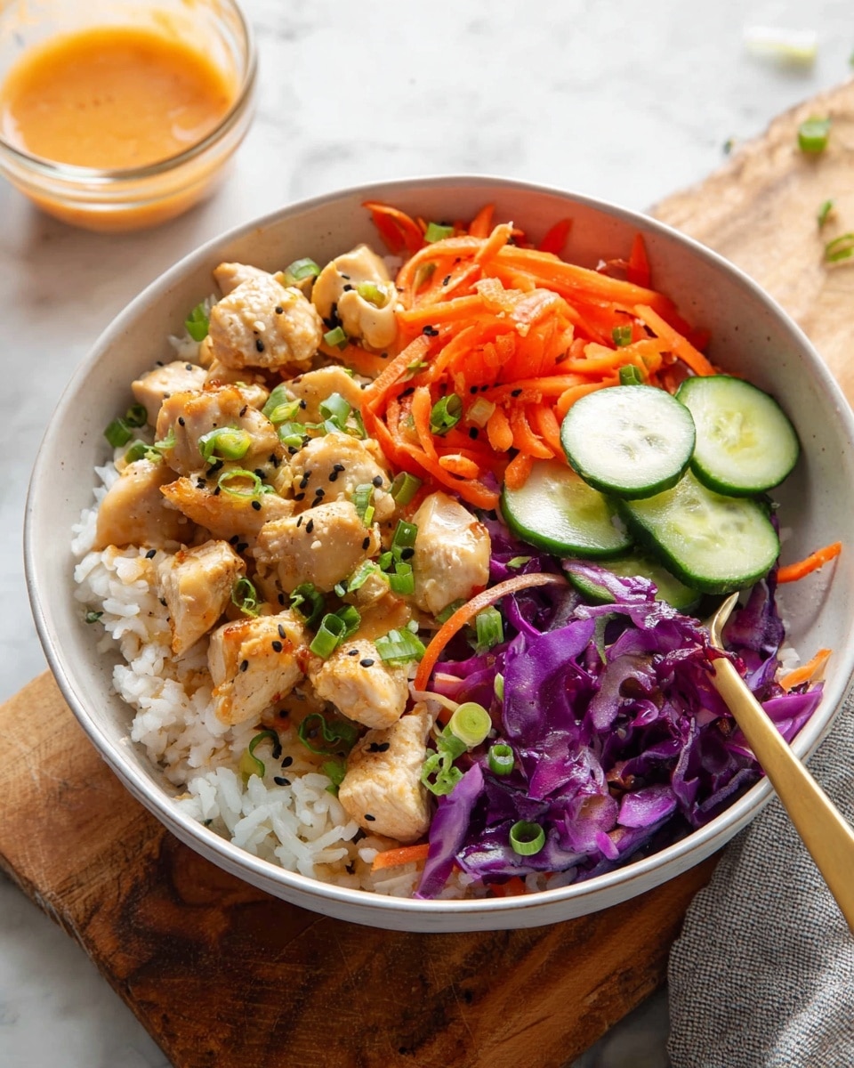 A white bowl filled with three clear layers: the bottom layer is fluffy white rice, the middle layer holds small golden-brown chicken pieces coated lightly in a creamy sauce, and the top layer has bright purple cabbage strips mixed with orange carrot slices, all topped with sliced green onions. At the back edge, there is a row of thin cucumber slices laying against the bowl's side. The dish sits on a white marbled surface. Photo taken with an iphone --ar 4:5 --v 7
