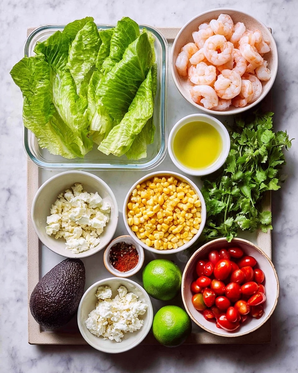 The image shows a flat tray with various small white bowls and containers of food ingredients arranged neatly on a white marbled surface. In the top left corner, there is a clear container with several large green lettuce leaves laying flat. To its right, a white bowl filled with pale pink shrimp sits next to another white bowl with light yellow oil. Below these, a white bowl of bright yellow corn kernels sits beside a small bowl holding red, beige, and tan spices. Near the bottom left, a white bowl holds crumbled white cheese. An avocado with dark purple-green skin is next to the cheese. Toward the right side, there are two green limes and a bunch of fresh green cilantro. Finally, a white bowl of small, bright red grape tomatoes is near the bottom right. photo taken with an iphone --ar 4:5 --v 7