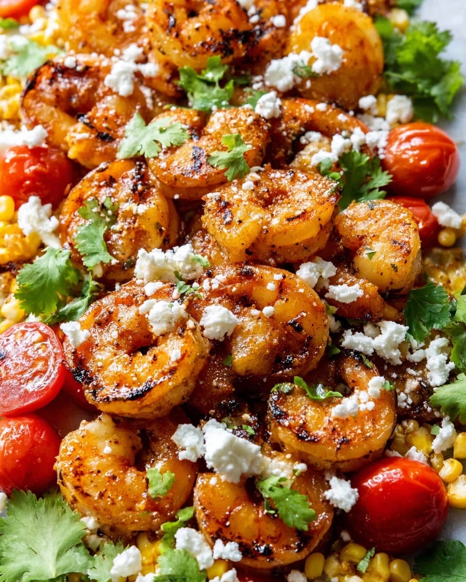 The dish shows a close-up of golden-brown shrimp with dark grill marks, arranged in the middle. Around the shrimp, there are small bright red cherry tomatoes and pieces of light yellow corn. Small chunks of crumbly white cheese are spread over the shrimp. Green leafy cilantro leaves are scattered throughout all layers, adding a fresh touch. The background is a white marbled surface. photo taken with an iphone --ar 4:5 --v 7