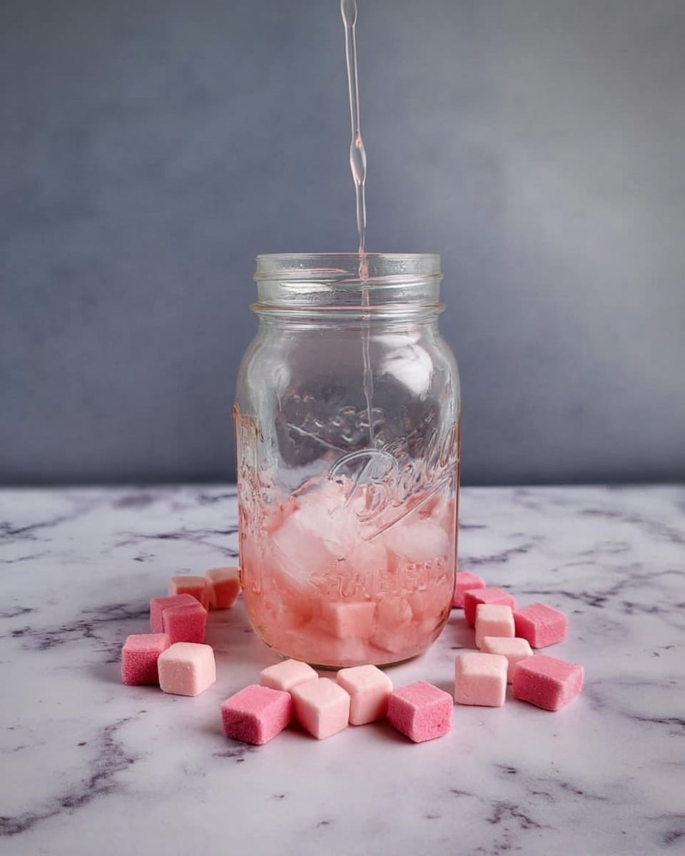 A woman's hand is pouring a pink liquid from a glass shaker into a narrow shot glass that is placed on a round white coaster. Around the coaster, there are scattered small pink square candies with white triangular designs on them. The scene is set on a white marbled surface with a plain light gray background. The lighting is soft, making the colors of the candies and liquid stand out. photo taken with an iphone --ar 4:5 --v 7