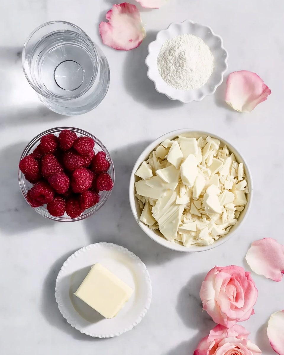 The image shows five food items and some rose petals arranged on a white marbled surface. In the middle is a white bowl filled with white chocolate pieces that have a rough texture and many small shards. To the upper right of this bowl, there is a small white scalloped dish filled with fine white powder, which looks like sugar or flour. Below that dish, there is a small white plate with a cube of pale yellow butter sitting in the center. On the lower left side, there is a clear glass cup filled with red raspberries, some whole and some slightly squished. Above the raspberries, there is a clear glass of water on a white saucer. Scattered around these items are a few soft pink and white rose petals, adding a delicate touch. Photo taken with an iphone --ar 4:5 --v 7