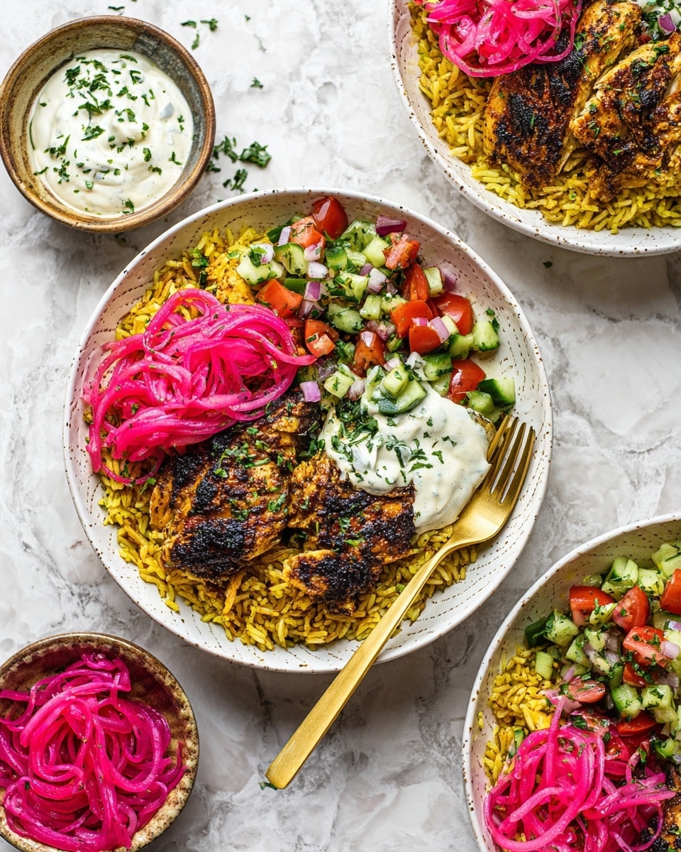 The image shows two white bowls filled with a layered meal on a white marbled surface. Each bowl has a base layer of yellow, spiced rice with visible herbs mixed in. On top of the rice is a piece of dark brown grilled chicken with charred marks. Bright pink, thinly sliced pickled onions are placed on the chicken. Next to the chicken, there is a scoop of light creamy sauce with chopped green herbs sprinkled on top. A colorful salad mix of diced cucumbers, tomatoes, red onions, and green herbs is placed beside the rice. A golden fork rests inside the closest bowl. Around the bowls are smaller white bowls holding more of the creamy sauce, the salad mix, and extra pickled onions scattered on the surface. Photo taken with an iphone --ar 4:5 --v 7