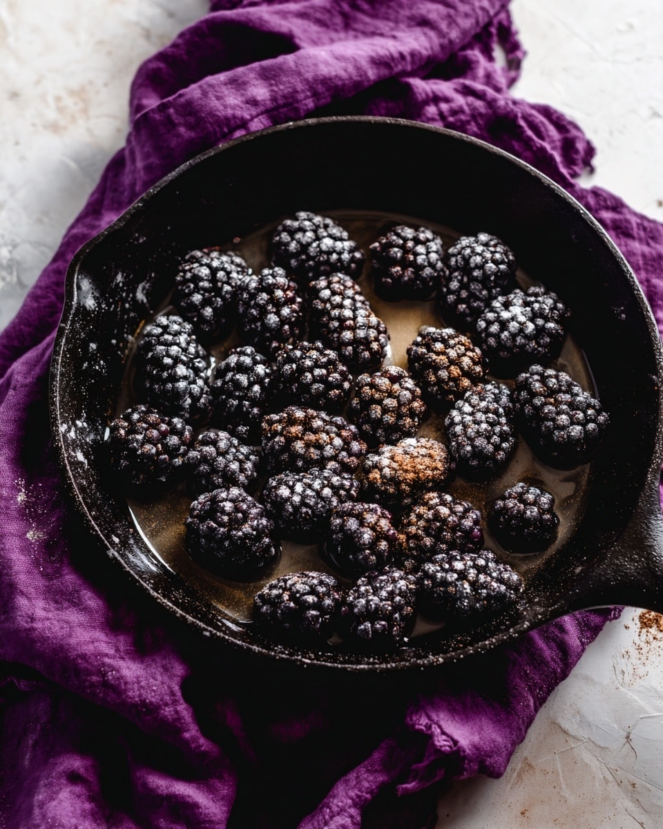 The image shows a black iron skillet filled with fresh blackberries covered with scattered white sugar and brown cinnamon powder, all soaking in a light syrup that reflects light softly. The skillet sits on a wrinkled purple cloth, resting on a surface with a white marbled texture. The blackberries are plump, dark purple with small bumps, and the syrup pools gently between them, creating a shiny look. photo taken with an iphone --ar 4:5 --v 7