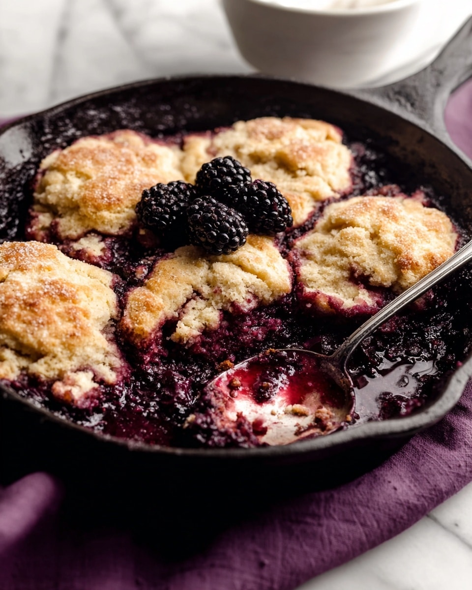 In a white bowl, there is a serving of blackberry cobbler made up of a bottom layer of soft, dark purple-black cooked blackberries with a juicy texture, topped with a thick, golden brown crumbly biscuit layer showing some light brown and tan tones. On top of the cobbler sits a scoop of smooth, creamy vanilla ice cream with little black vanilla specks, slightly melting over the warm cobbler. A silver spoon rests in the bowl, holding a bit of the cobbler and ice cream together. Around the bowl, there are a few fresh glossy blackberries on the white marbled surface and a metal ice cream scoop with some melted ice cream inside. Part of a purple cloth and stacked white bowls appear in the background. photo taken with an iphone --ar 4:5 --v 7