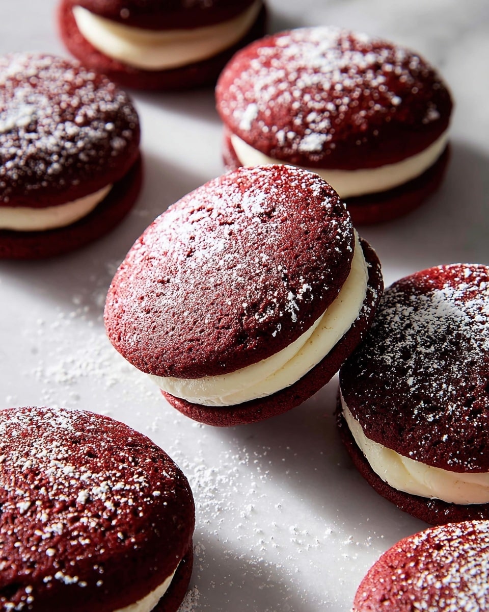 This image shows several round red velvet sandwich cookies on a white marbled textured surface. Each cookie has two dark red layers with a soft, smooth texture, joined by a thick middle layer of creamy white filling. The tops of the red layers are dusted with a light sprinkling of powdered sugar, giving a gentle speckled effect. The cookies are arranged closely together, with one cookie leaning slightly against another, showing the side view of the creamy middle layer clearly. The lighting highlights the soft texture and rich color contrast between the red cookie and white filling. photo taken with an iphone --ar 4:5 --v 7