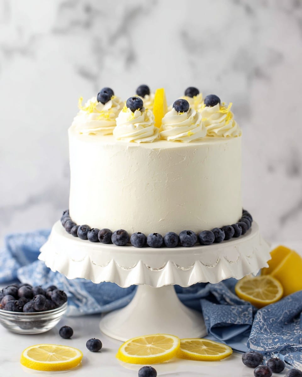 A white frosted cake with smooth, slightly textured sides sits on a white ruffled cake stand. The top edge of the cake is decorated with swirls of white cream, each topped with a small round blueberry and a thin yellow lemon slice placed vertically. Around the base of the cake stand, there is a ring of fresh blueberries and lemon slices arranged evenly. The cake stand is on a white marbled surface, with a blue cloth underneath holding scattered lemon slices and blueberries, and a small glass bowl filled with blueberries nearby. The background is a soft white marbled texture. photo taken with an iphone --ar 4:5 --v 7