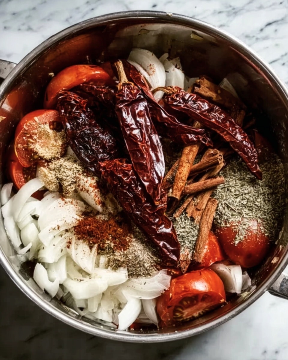 A silver metal pot sits on a white marbled surface filled with layers of ingredients. The bottom layer is chopped white onions, followed by sliced red tomatoes scattered around. On top of these lie several whole dark red dried chilies that are wrinkled and textured, along with a bunch of light brown cinnamon sticks. The surface is sprinkled with a mix of dried herbs and spices, lending a speckled appearance over the other ingredients. The overall look is rustic with a variety of deep reds, whites, and browns blending together. Photo taken with an iphone --ar 4:5 --v 7