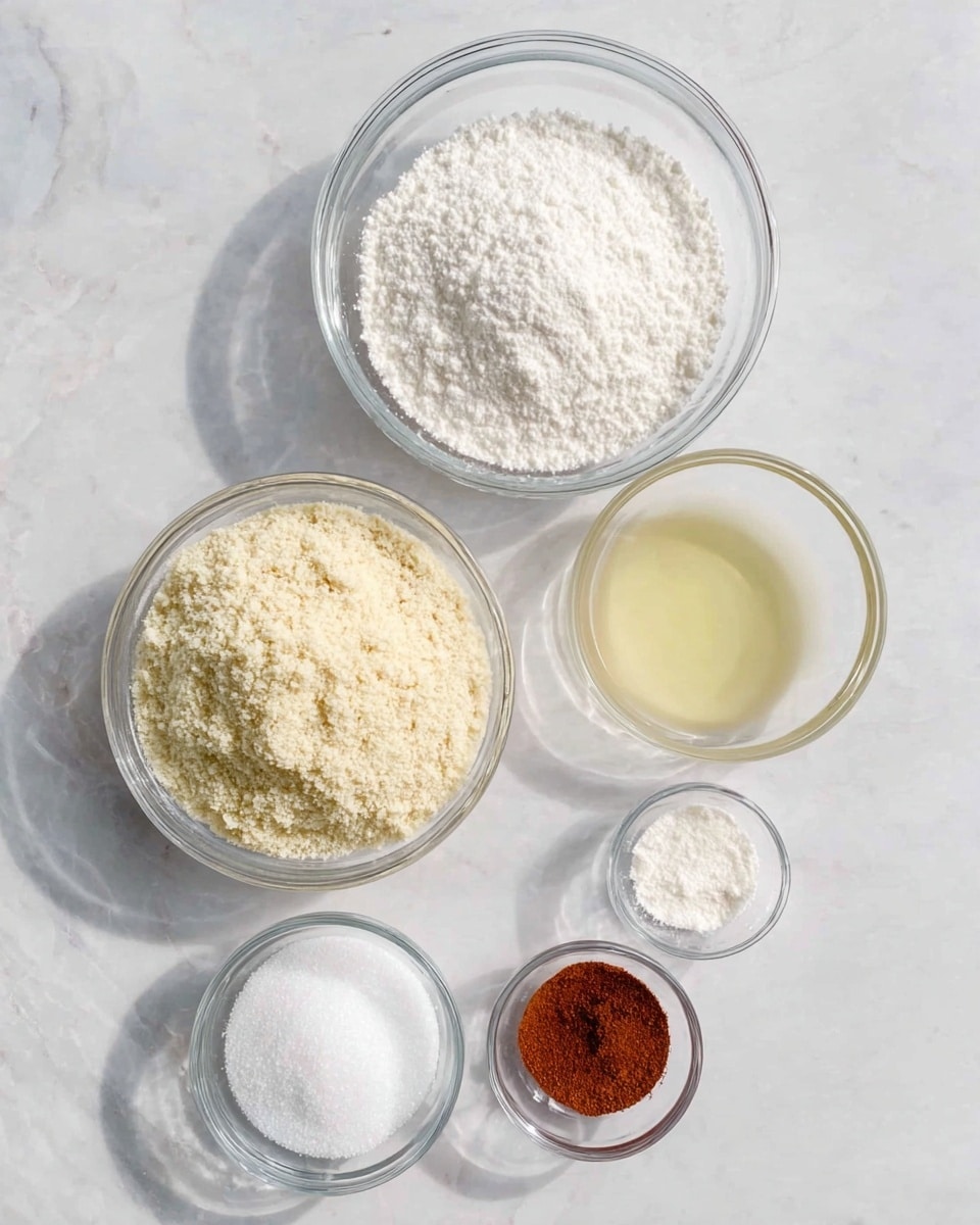 The image shows six clear glass bowls with different ingredients placed on a white marbled surface. From the top, the largest bowl holds white powdered sugar with a fine texture. Below it to the left is a medium bowl filled with a beige powder that looks like almond flour, rough and grainy in texture. To the right of this almond flour bowl is a smaller bowl with a clear, light yellow liquid, likely egg whites. Below these three, there is a small bowl filled with fine white granulated sugar on the left. To the right of it, a tiny bowl holds a white powder, probably baking powder. In the bottom center is another tiny bowl with a reddish-brown powder, likely cinnamon. All bowls are clear and set neatly with no other items or hands visible in the frame. The light is soft and natural, with shadows gently falling to the left. photo taken with an iphone --ar 4:5 --v 7
