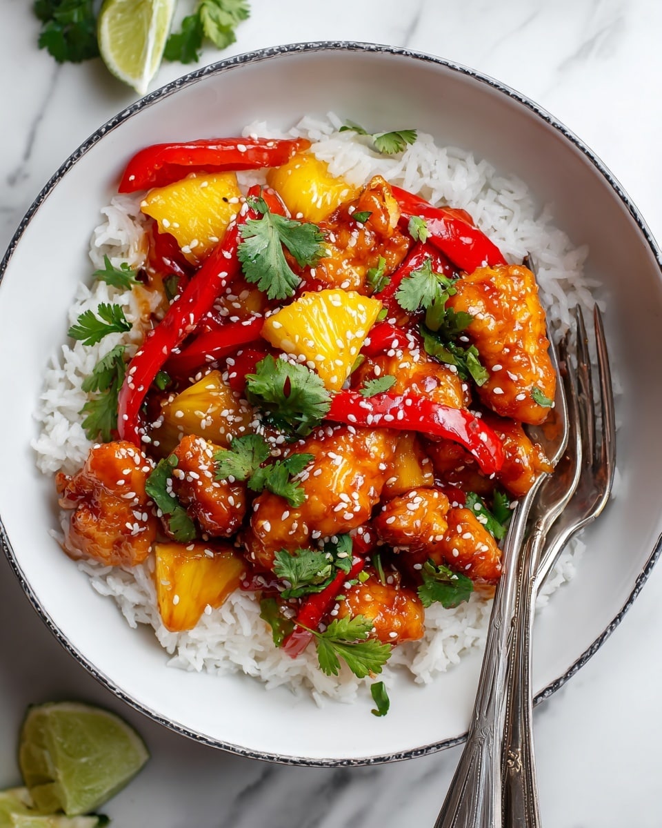A white bowl filled with a base layer of fluffy white rice, topped with bright orange glazed chicken pieces that look sticky and shiny. Mixed in are red bell pepper slices and yellow pineapple chunks, both adding bold color and texture. Fresh green cilantro leaves are scattered on top, along with a light sprinkle of white sesame seeds. Two silver forks rest on the right side inside the bowl, and the bowl sits on a white marbled surface with lime wedges nearby. photo taken with an iphone --ar 4:5 --v 7