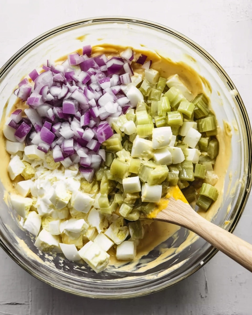 A clear glass bowl on a white marbled surface holds a mix of ingredients layered without mixing. At the bottom, a pale yellow creamy mixture creates the base layer with a smooth texture. On top of this, four distinct layers of chopped vegetables and egg are arranged: diced purple onions on the left, light green celery pieces in the middle right, chopped white boiled egg pieces on the bottom right, and small chunks of light green pickles in the bottom left. A wooden spoon with a yellow-tan silicone edge rests inside the bowl, partially covered in the creamy base. Photo taken with an iphone --ar 4:5 --v 7