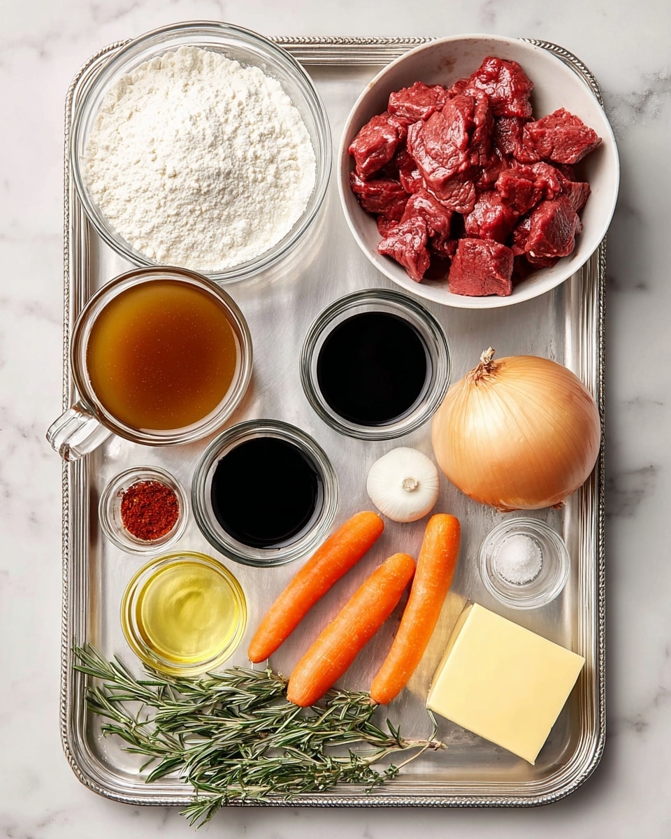 A silver tray on a white marbled surface holds various ingredients arranged neatly: at the top right, a bowl filled with raw red meat pieces; to its left, a clear glass cup filled with brown broth; below that, smaller glass containers with dark soy sauce and thick black liquid; next to them, a whole brown onion; two glass bowls filled with white flour are placed on the left and right sides of the tray, respectively; a small clear cup holds light yellow oil near the center; a small glass dish with red paste sits next to the flour; an egg rests near two bright orange carrots lying horizontally; three garlic cloves and a block of yellow butter are positioned at the bottom right corner; fresh green rosemary and a small dish of mixed salt and black pepper are arranged at the bottom left corner photo taken with an iphone --ar 4:5 --v 7