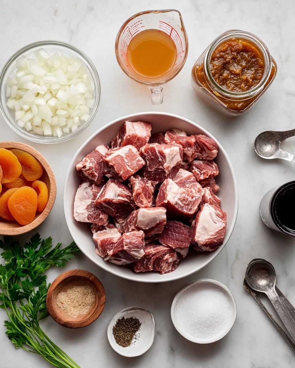 The image shows a white bowl in the center filled with raw beef chunks that have red and white marbled texture. Above the bowl, there is a glass jar with chunky brown sauce and a clear measuring cup with light brown liquid. To the left of the bowl, there is a glass bowl of chopped white onions and some onion skins. Below the bowl, dried orange apricots and a small wooden bowl of white salt are visible. Beneath the bottom right side of the bowl, there is a small bunch of fresh green parsley, to the right of the parsley a small white bowl with ground black pepper, and above it a small white bowl containing white powder with a spoon inside. There are also small metal measuring spoons and a black bottle on the right side. The whole setting is on a white marbled surface photo taken with an iphone --ar 4:5 --v 7