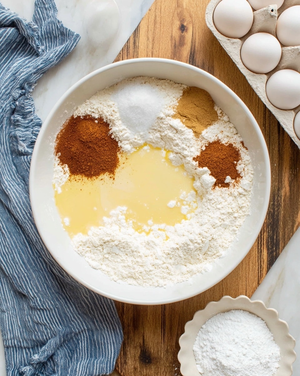 In a large white bowl on a white marbled textured surface with a wooden table underneath, there are several baking ingredients separated into different sections: a heap of white flour creates most of the bottom layer, surrounded partially by a pool of light yellow melted butter and creamy white milk; on the left side, a small pile of light brown cinnamon and a smaller pile of white sugar sit atop the flour; on the right, there is a darker brown cinnamon near the yellow butter. Around the bowl, there is a white scalloped dish filled with powdered sugar at the bottom right, a carton with six white eggs at the top right, and a blue-striped kitchen towel draped beside the bowl. Photo taken with an iphone --ar 4:5 --v 7