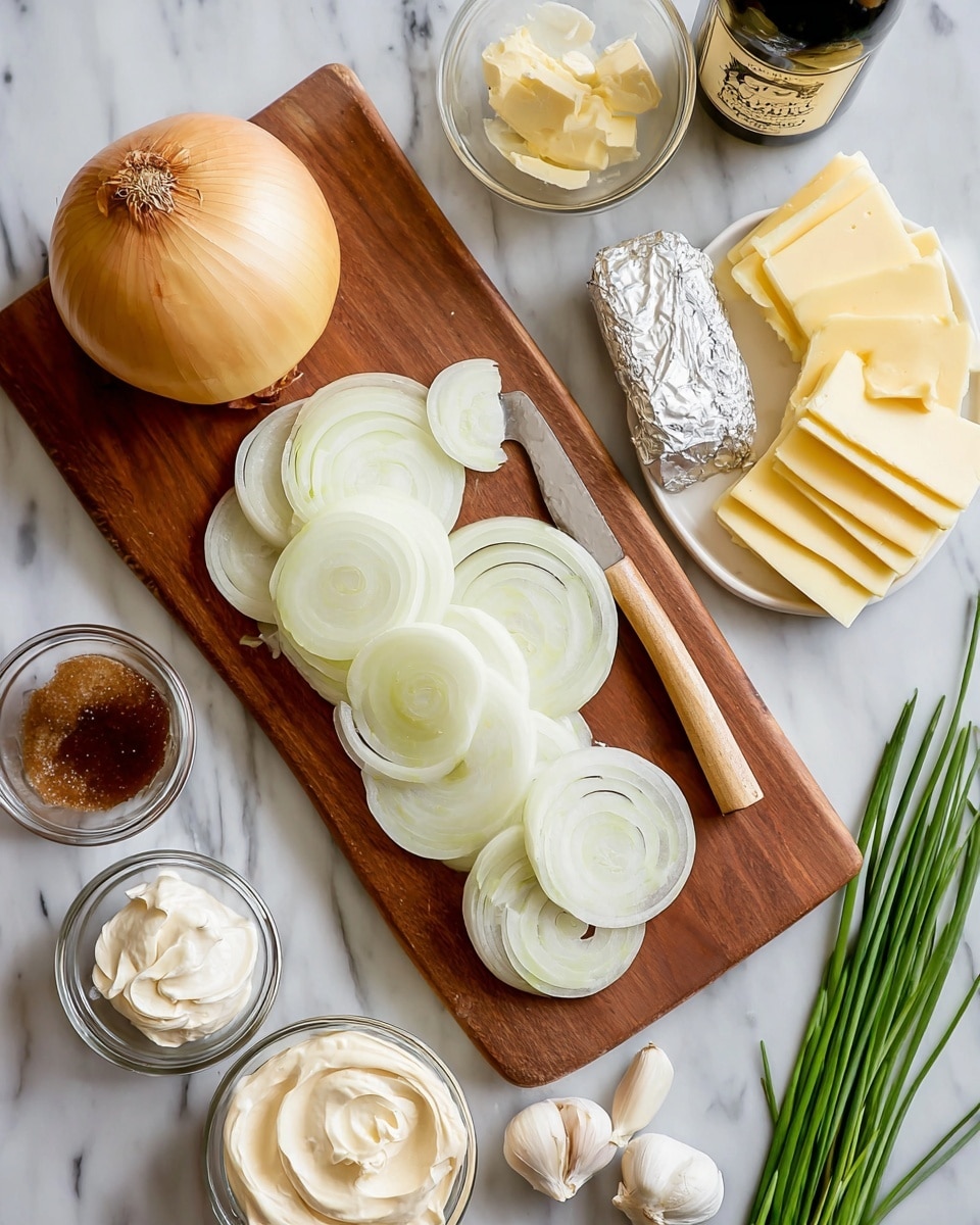 The image shows a wooden cutting board with one whole yellow onion and several sliced layers of the onion fanned out near a knife with a light wooden handle resting on the board. Surrounding the board on a white marbled surface are various small clear glass bowls; one filled with sliced white onions, one with a creamy light beige spread, one with a white creamy spread, one with a dark brown liquid, and one with brown sugar. There are also three garlic cloves, a small block of white cream cheese partially wrapped in silver foil, a small bunch of green chives, a partially opened butter package with several thick slices of yellow butter next to the top right corner, and two bottles in the background. Photo taken with an iphone --ar 4:5 --v 7