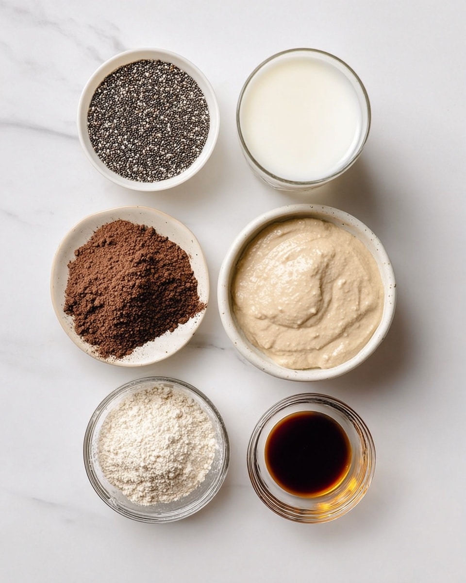 The image shows six small containers arranged on a white marbled surface. At the top center, there is a clear glass of white liquid, likely milk. To the right of it is a clear glass bowl filled with a creamy, light beige mixture with a smooth texture. On the left side, a white bowl holds many small black chia seeds with a slightly shiny surface. Below these, on the left, is a small clear glass bowl containing dark brown powder, possibly cocoa. In the center below, a white bowl contains light beige flour with a small white salt pile on top. To the right, a small clear glass holds a dark brown liquid, likely vanilla or syrup. All items are neatly arranged with clean separation. photo taken with an iphone --ar 4:5 --v 7