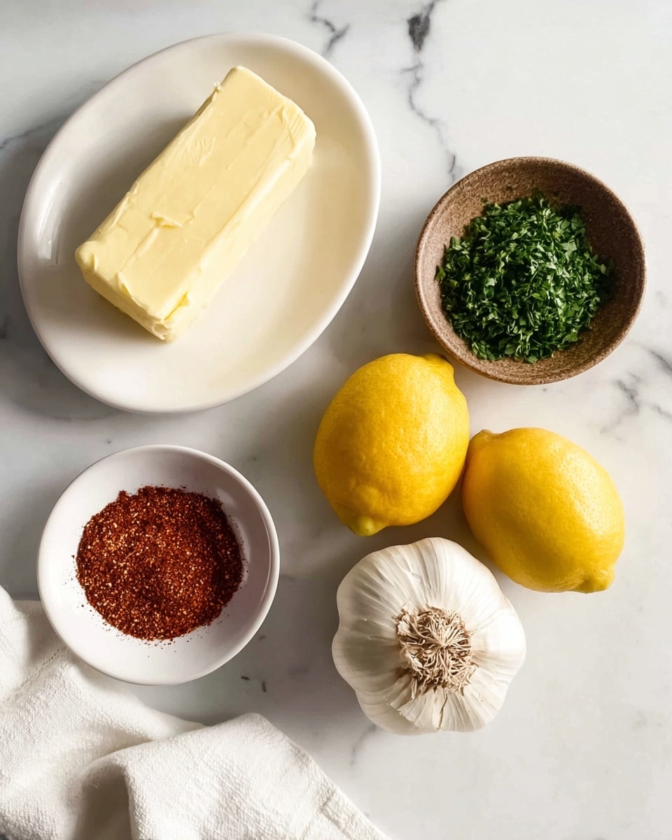 The image shows a white dish with a thick stick of pale yellow butter, a small white bowl filled with reddish-brown spices, a round brown bowl full of finely chopped green herbs, two bright yellow lemons, and a whole white garlic bulb arranged on a white marbled surface. A white cloth with a blue edge is partially visible on the left side. The items are spaced out neatly with natural light highlighting their colors and textures. photo taken with an iphone --ar 4:5 --v 7
