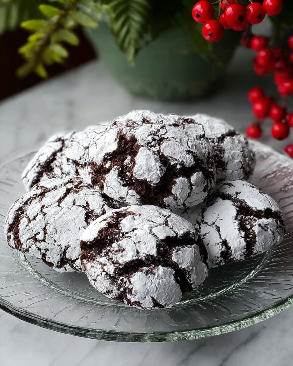 The image shows a white marbled surface with a clear glass plate on it. The plate holds about six chocolate crinkle cookies, each one dusted heavily with white powdered sugar that cracks to show the dark brown chocolate beneath. The cookies are round, soft-looking, and have a rough texture. In the background, there are some green plants and red berries, creating a cozy atmosphere. photo taken with an iphone --ar 4:5 --v 7