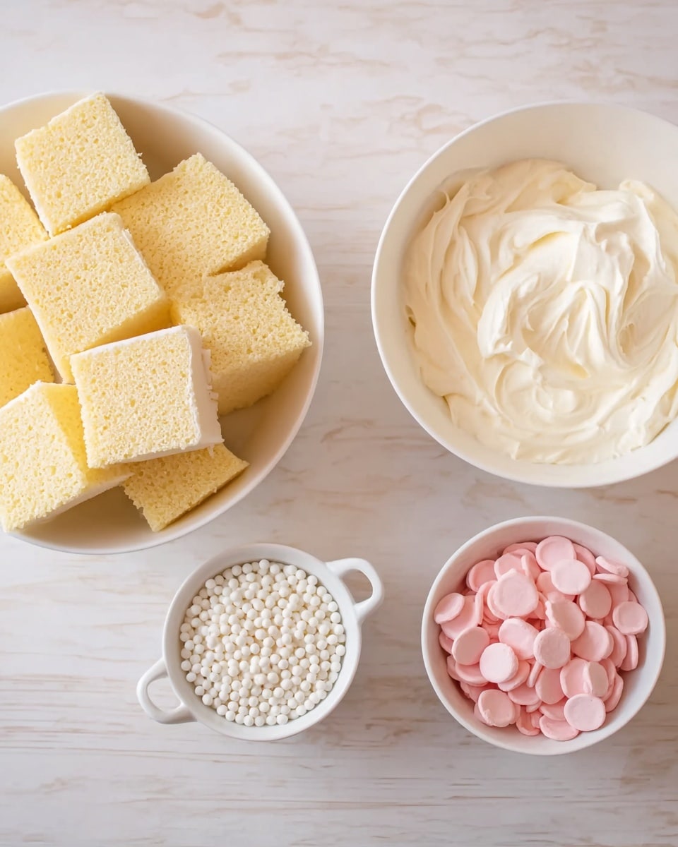 A white bowl filled with several square pieces of light yellow sponge cake showing soft, porous texture is at the left side of the image. To the right, a white shallow bowl holds a creamy, smooth, pale white frosting with some swirled patterns on top. Below these bowls, a small white container with two handles contains many small, round white sugar pearls. At the bottom right corner, a white bowl is filled with pink round candy wafers. All bowls and containers are placed on a white marbled surface with soft natural light. Photo taken with an iphone --ar 4:5 --v 7