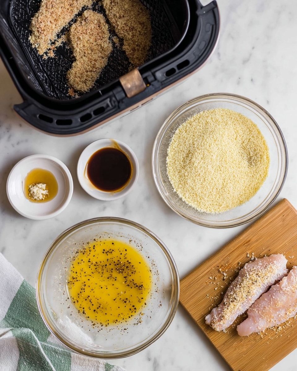 The image shows the process of breading chicken tenders, arranged on a white marbled surface. On the right, a wooden cutting board holds a raw chicken tender seasoned with black pepper. Next to it, there is a clear glass bowl filled with fine pale yellow panko crumbs, where a chicken tender is partially covered. Below this bowl, another clear glass bowl contains a raw chicken tender soaking in a beaten yellow egg mixture with black specks of seasoning. Above the panko bowl, three small white bowls are lined up: the left one with minced garlic, the middle one with dark brown soy sauce, and the right one with golden honey. On the top left, an open black air fryer basket holds a partially breaded chicken tender coated with panko crumbs. A green and white striped towel is partially visible at the bottom left of the scene. Photo taken with an iphone --ar 4:5 --v 7