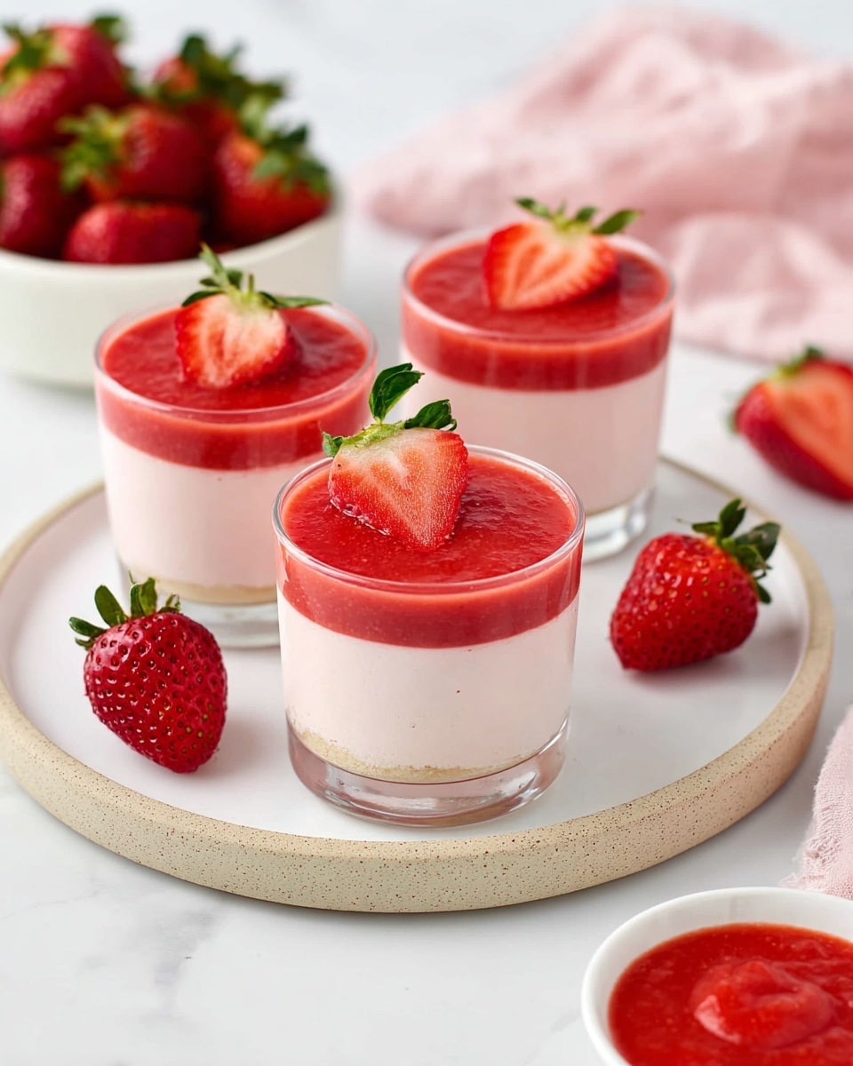 Three small clear glasses are placed on a round white plate with a light beige rim, set on a white marbled surface. Each glass has two layers: a thick bottom layer of light pink creamy mousse, topped with a smooth, bright red strawberry sauce layer. On top of the red layer, there is a fresh strawberry half with green leaves showing. Around the plate, three whole fresh strawberries are placed, with a white bowl of whole strawberries in the background on the left, and a blurred soft pink cloth on the upper right. In the front right corner is a small dish of the bright red strawberry sauce. photo taken with an iphone --ar 4:5 --v 7
