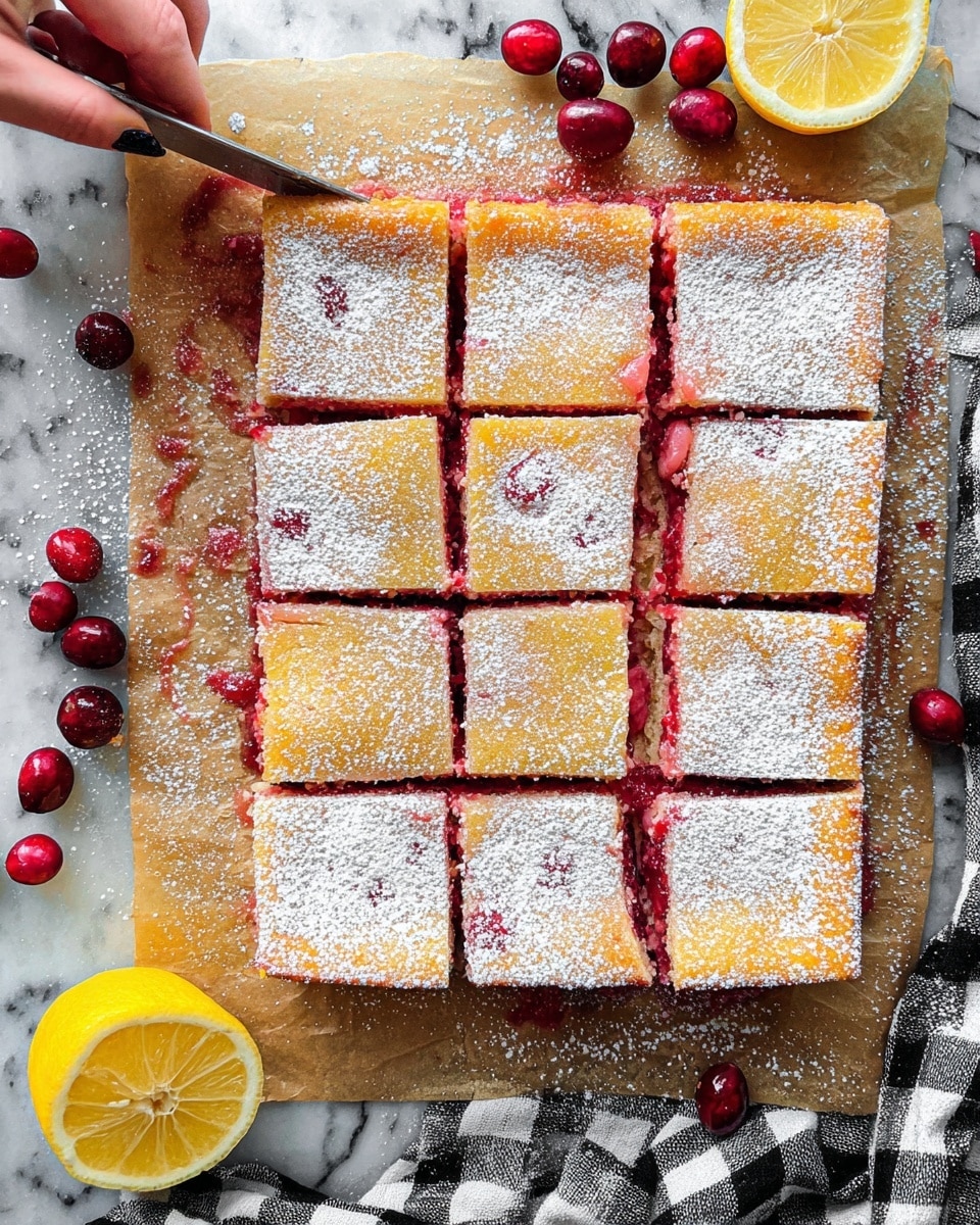 A square dessert cut into sixteen equal squares rests on parchment paper, showing a thin, golden crust on top dusted with fine white powdered sugar. Beneath the crust, a bright red fruit layer peeks through slightly, adding a splash of color. The edges of the dessert have a slightly darker baked tone. Around the dessert, bright red whole cherries and a yellow lemon half with its inside visible are placed on a white marbled textured surface. A white and black checkered cloth is partially visible on the right side, and a silver knife is at the upper left corner. photo taken with an iphone --ar 4:5 --v 7