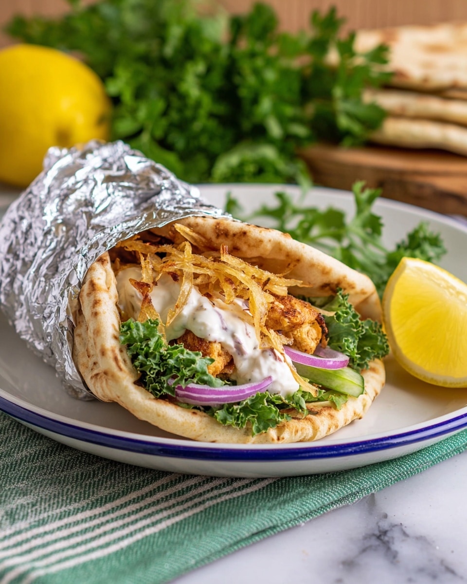 The image shows a wrapped pita sandwich on a white plate with a blue rim, placed on a white marbled surface with a green and white striped cloth underneath. The pita bread is light brown with some darker spots, slightly open to reveal the filling inside. The first layer inside the pita is fresh dark green curly lettuce, followed by thin slices of purple onion. Above that, there are pieces of golden brown cooked chicken with some crispy, pale yellow fried onions on top. The sandwich is topped with a thick white sauce spreading over the chicken. The pita wrap is partially covered with shiny silver foil. Next to the sandwich on the plate is a wedge of yellow lemon and a bunch of bright green parsley. The background includes blurred fresh green parsley, a yellow lemon in the top left, and a pile of pita bread on the right. photo taken with an iphone --ar 4:5 --v 7