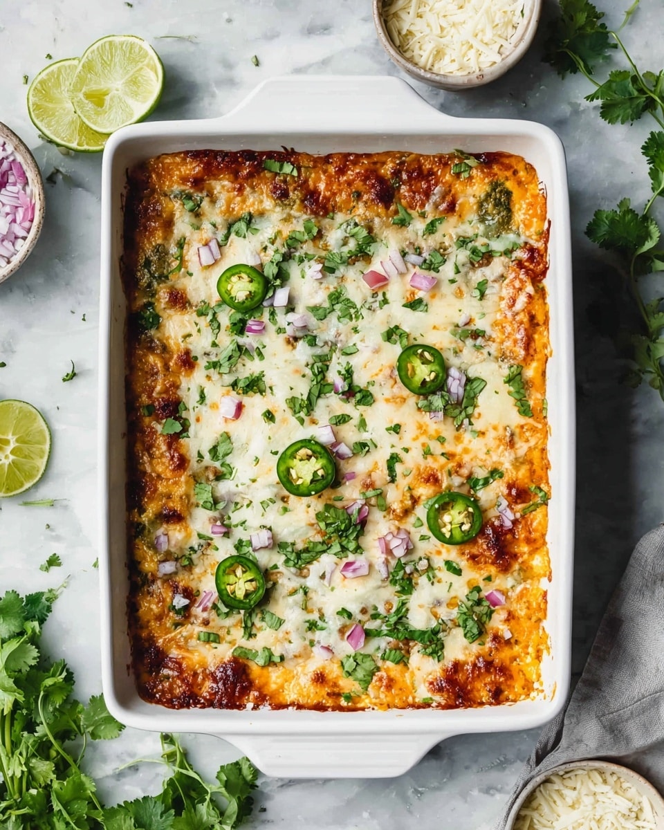 The dish is a three-layer casserole in a white rectangular baking dish. The bottom layer has a soft orange color from cooked ingredients, likely vegetables or sauce. The middle layer is creamy and pale yellow with melted cheese that has a slightly browned, bubbly texture. The top layer is decorated with green jalapeño slices, small chopped red onions, and fresh green cilantro leaves scattered evenly across the surface. The baking dish rests on a white marbled surface, with some lime halves, loose cilantro leaves, and a bowl of white grated cheese visible around it. Photo taken with an iphone --ar 4:5 --v 7