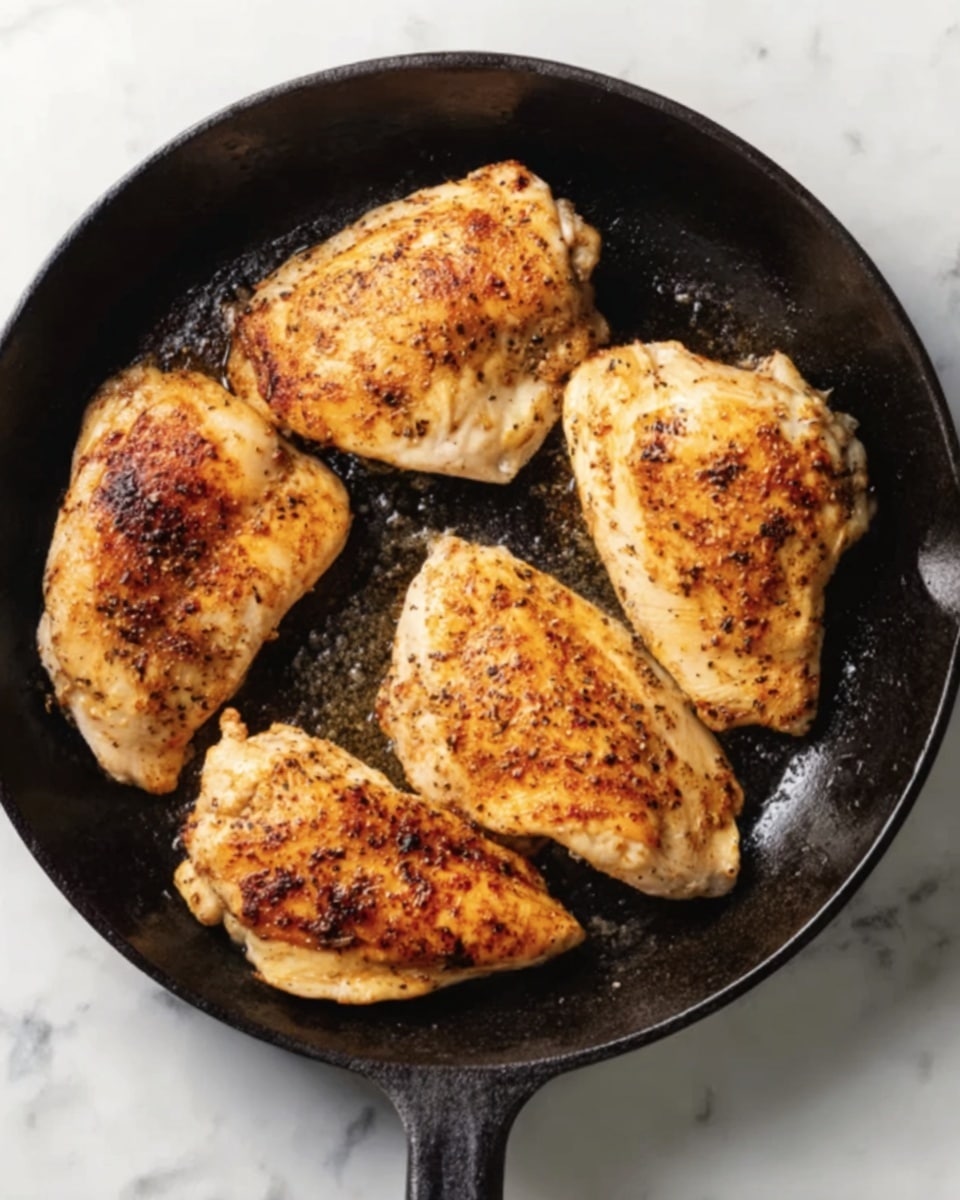 A black cast iron pan holds four seasoned cooked pieces of chicken, each piece varying slightly in size and shape but all showing a golden-brown, lightly speckled surface with a textured, cooked skin. The pan sits on a white marbled surface, with the skillet handle extending to the lower left side of the image, showing slight shadows for depth. The chicken pieces look tender and well cooked, evenly spaced inside the pan. Photo taken with an iphone --ar 4:5 --v 7