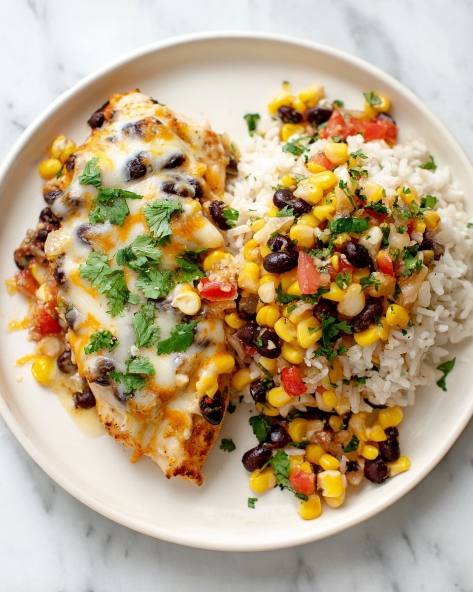 The image shows a white plate on a white marbled surface holding a meal with two main parts: on the left, a piece of cooked chicken breast covered with a thick layer of melted white cheese mixed with yellow corn, black beans, and small bits of red tomato, all topped with green cilantro leaves; on the right, a mound of white rice topped with a colorful mix of yellow corn, black beans, diced red tomato, small light brown onions, and sprinkled with green cilantro pieces; some of the bean and corn mixture spills lightly onto the plate. photo taken with an iphone --ar 4:5 --v 7